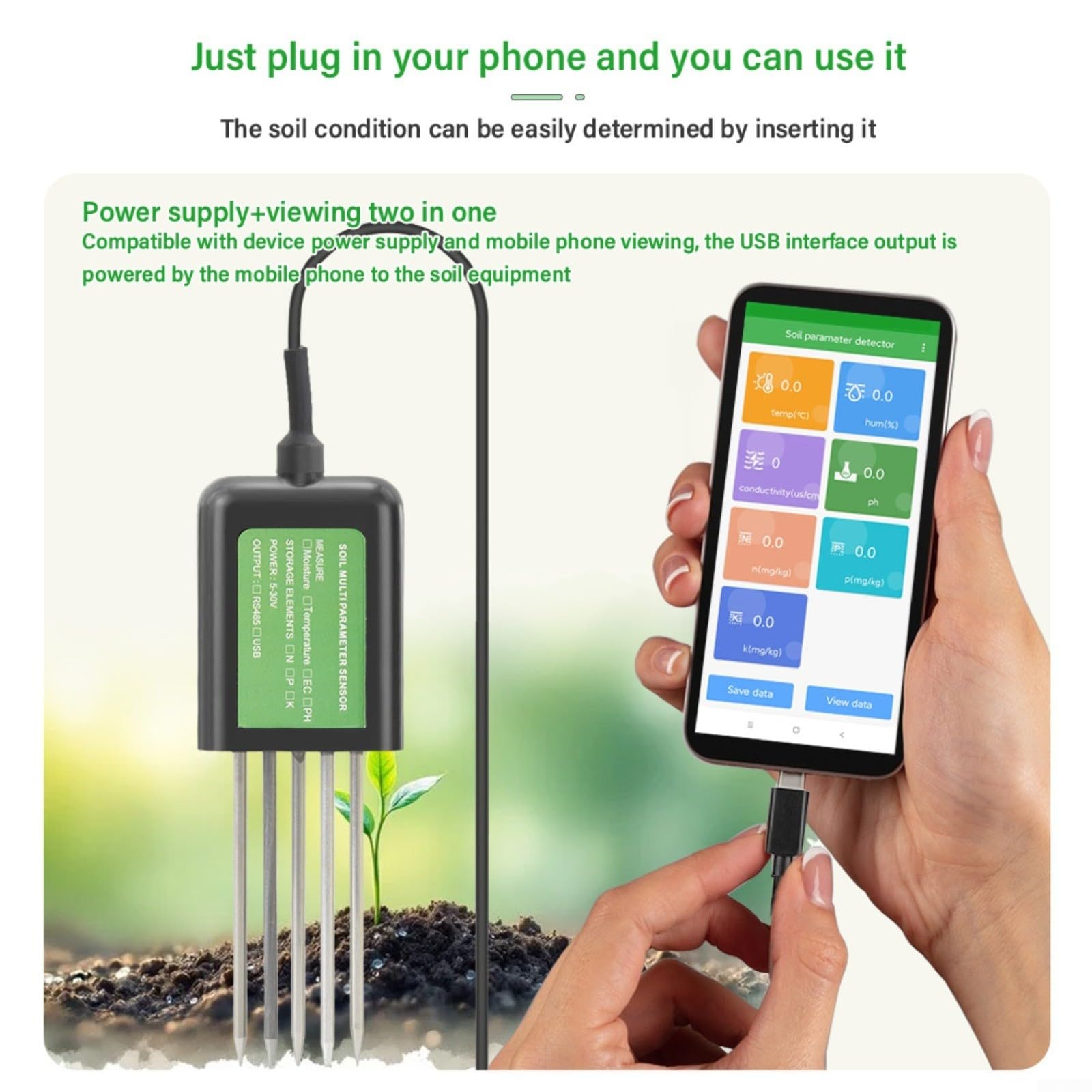 Sonde de sol USB 8 en 1, testeur de sol, avec pH de la température, humidité et mesure NPK, étanche IP68 pour Android, agriculture, jardinage, aménagement paysager