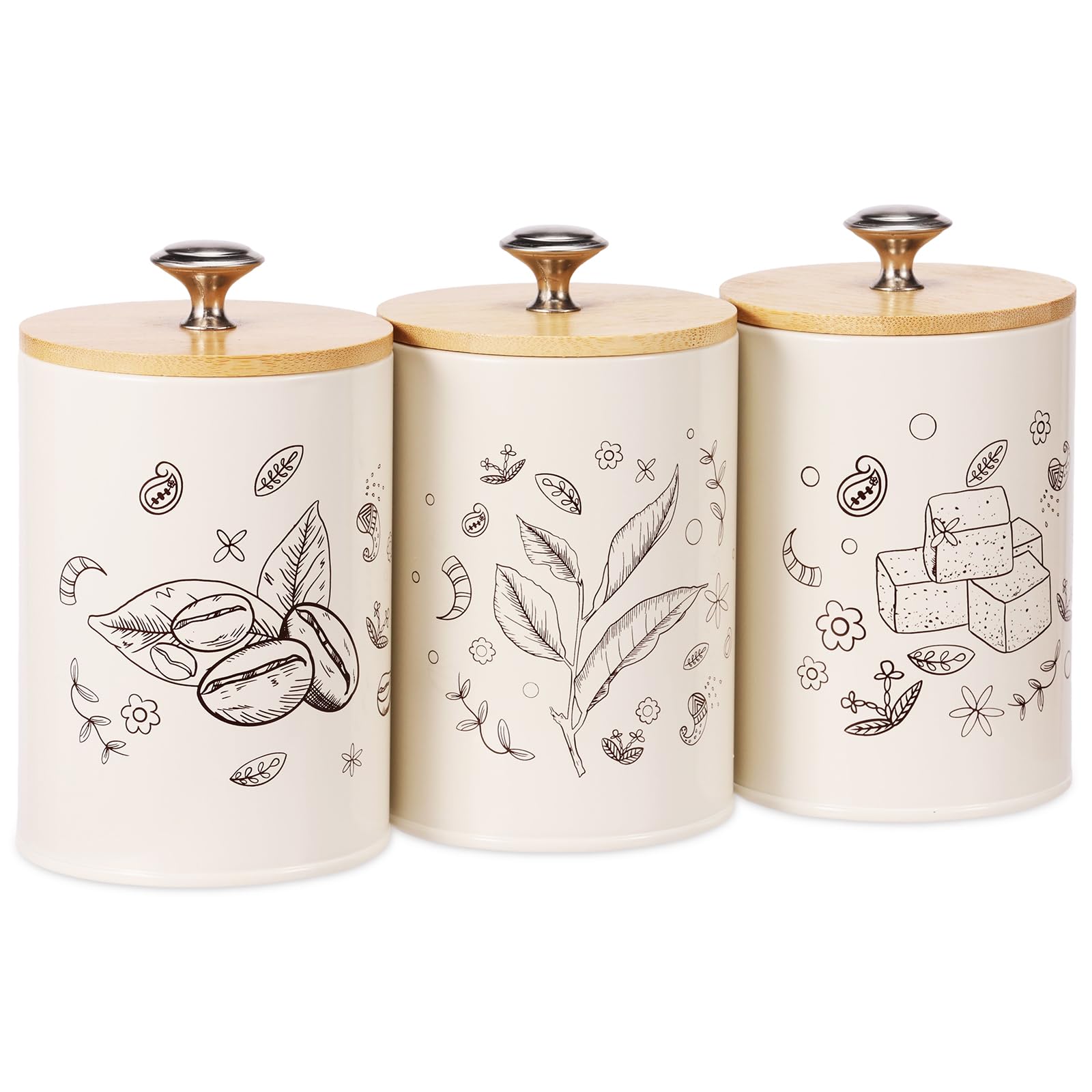NIHUIFDPY 3Pcs Tea Coffee Sugar Canister Set, Round Metal Kitchen Storage Tin With Airtight Wood Lid,Compact Caddy Container Canister Jars for Your Tea, Sugar, and Coffee
