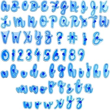SUNNYCLUE 66Pcs Letter Cake Stamps Number Cookie Stamp Blue Plastic Fondant Handwriting Characters Alphabets Numbers Upper Lower Case Print Cutters Embossed Tool for DIY Cakes Chocolate Baking Decor