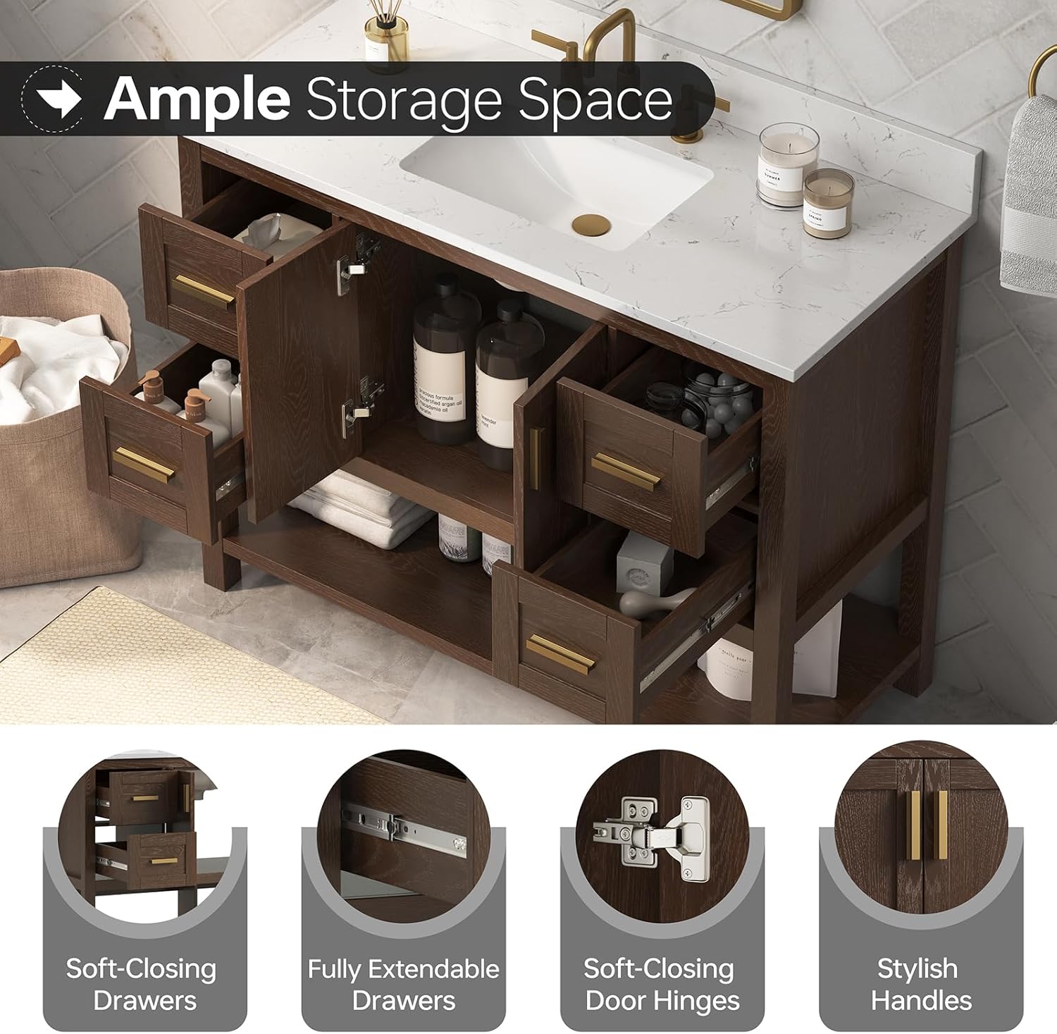 42 Inch Bathroom Vanity with Sink, Farmhouse Storage Cabinet with Drawers & Open Storage Shelf, Fully-Assembled, Soft-Closing Drawers and Adjustable Feet, Walnut
