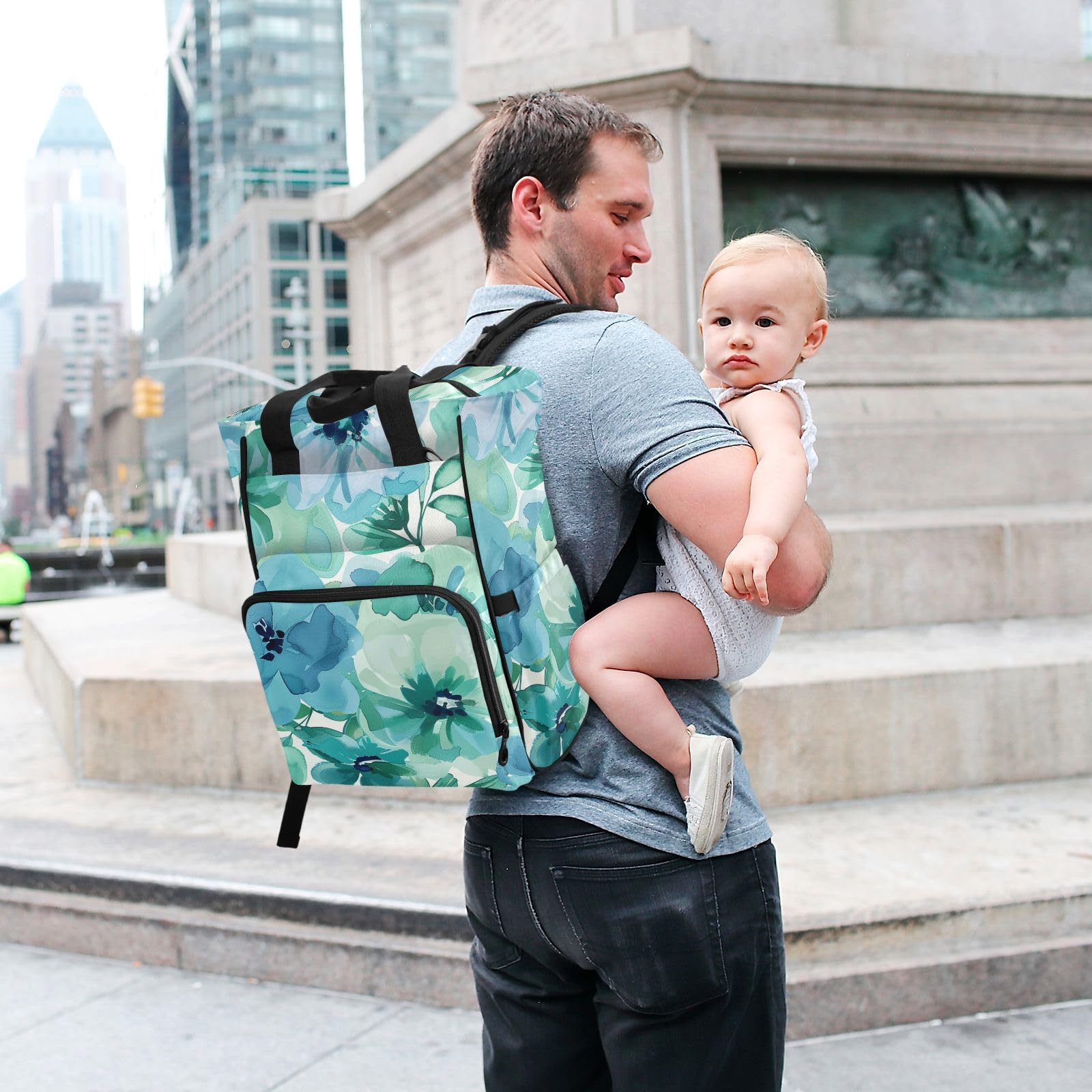 Borsa per pannolini zaino per mamme papà fiori verde menta e blu