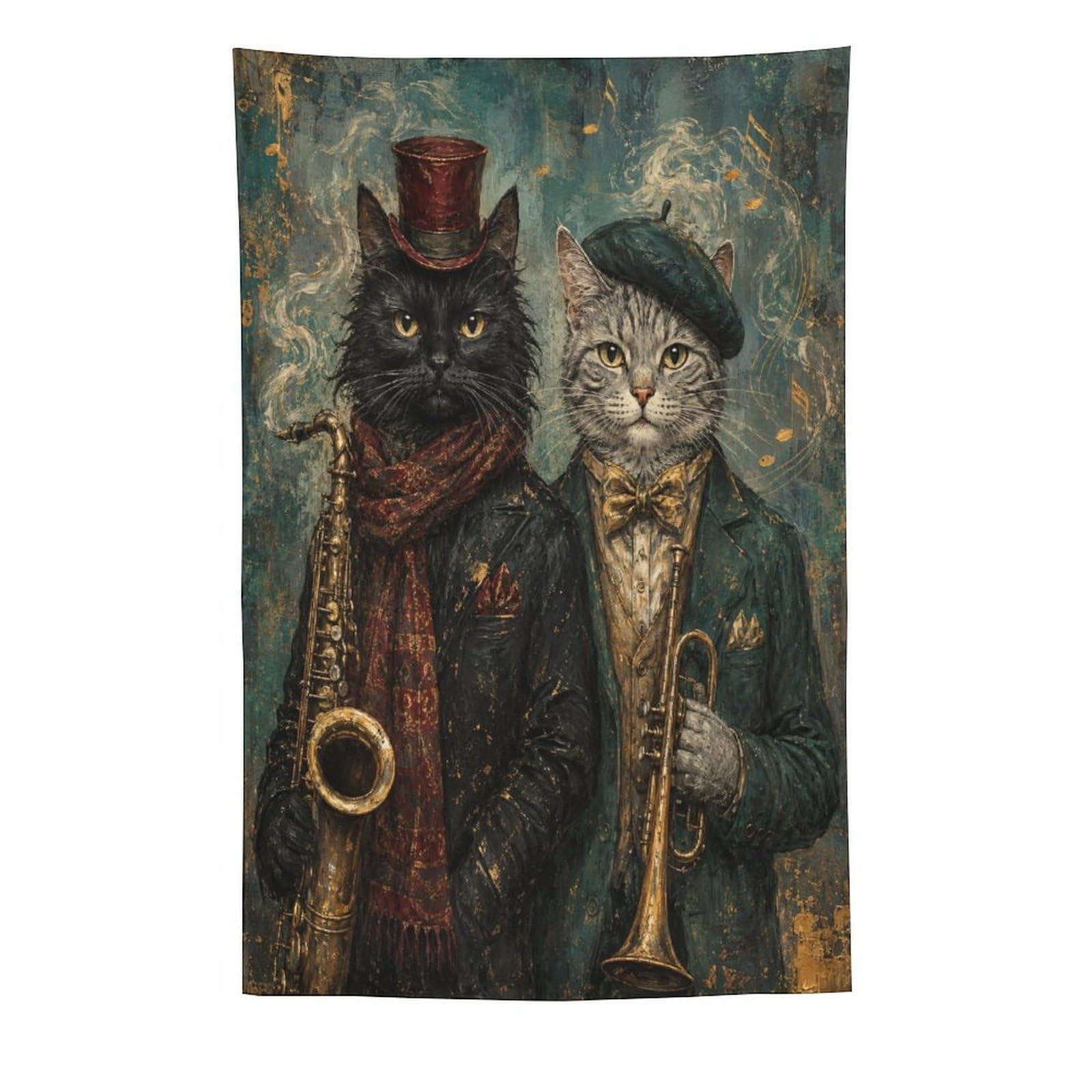 H3B8U2Y5 Vintage Musician Cats Wall Tapestry, Realistic Illustration