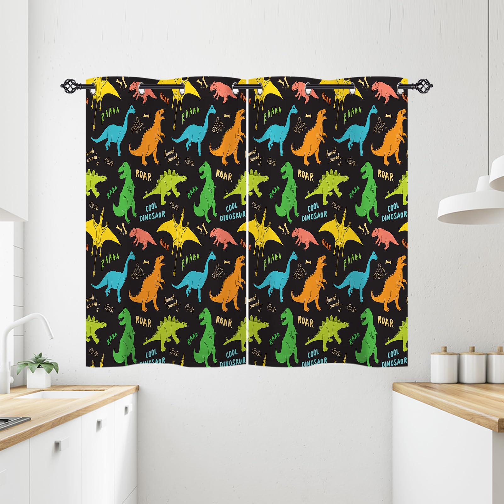 ANHOPE Dinosaur Curtains Eyelet 80% Blackout Room Darkening Curtains with Cute Cartoon Dino Doodle Print Pattern Light Blocking Window Drapes for Kids Girls Boys Bedroom 28 x 54 Inch Drop 2 Panels