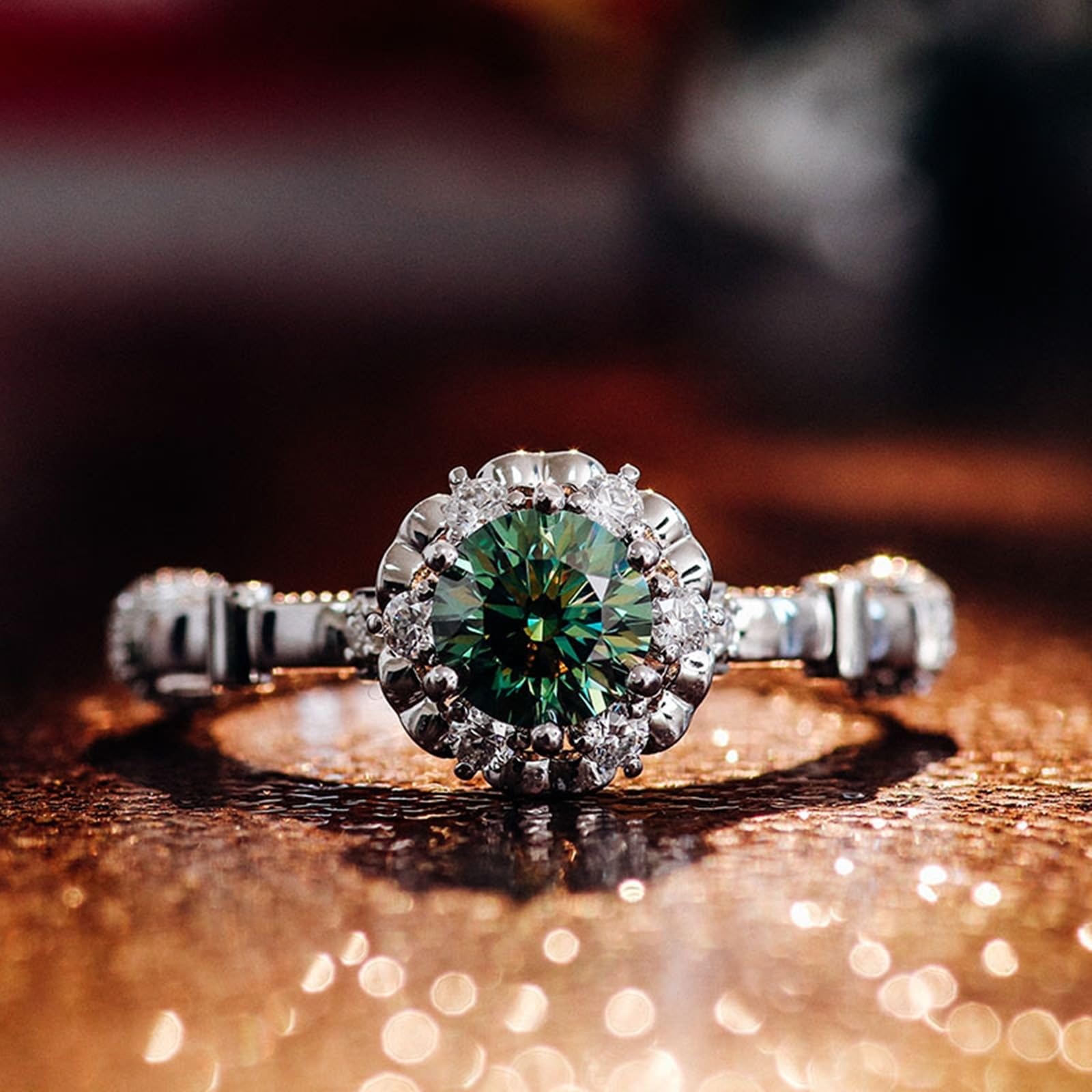 Wycian Anelli da donna eleganti anelli dell'amicizia in oro bianco 9 k moissanite con verde moissanite rotondo, misura 45 (14,3), eleganti personalizzabili per zia San Valentino