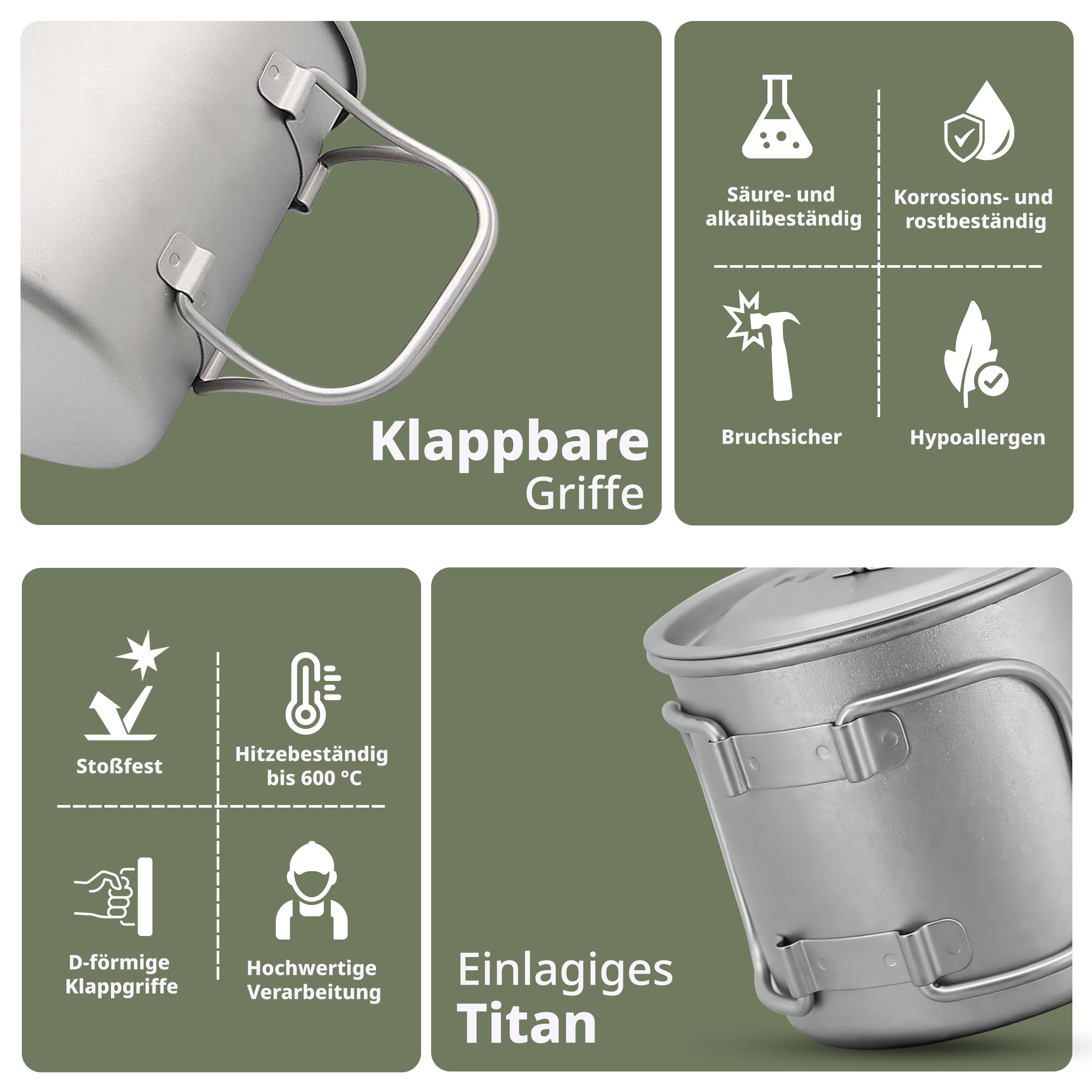 Keith Titanium Einwandiger Titanbecher, Tragbarer Kaffeebecher mit Deckel & klappbarem Henkel, Trinkgeschirr für Tee & Kaffee, Ideal für Camping, Picknick, Trekking & Outdoor (900 Ml)