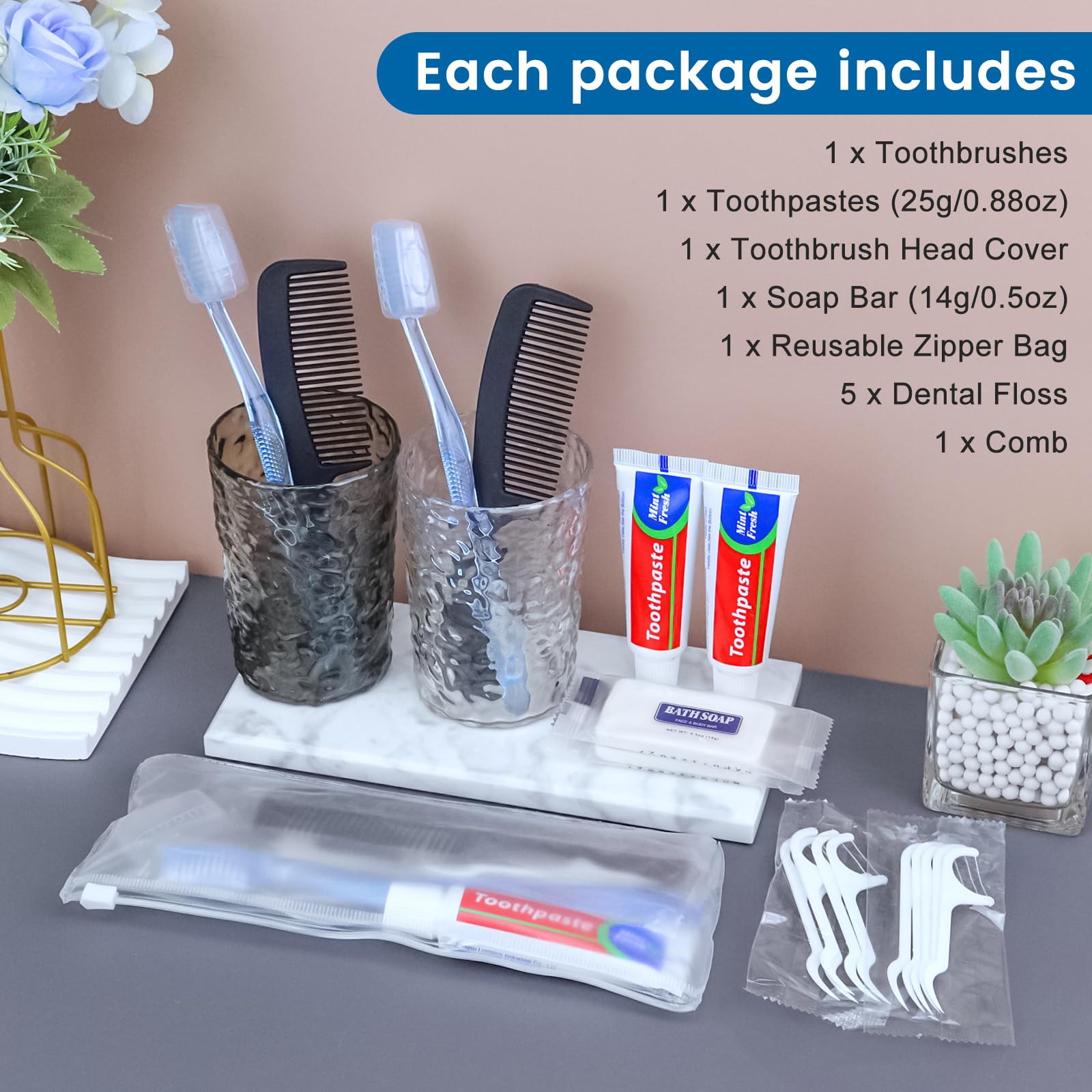 25 set di kit per l'igiene personale, spazzolini da denti usa e getta con dentifricio, filo interdentale, pettine, sapone e copertura, kit da toeletta per senzatetto in blocco