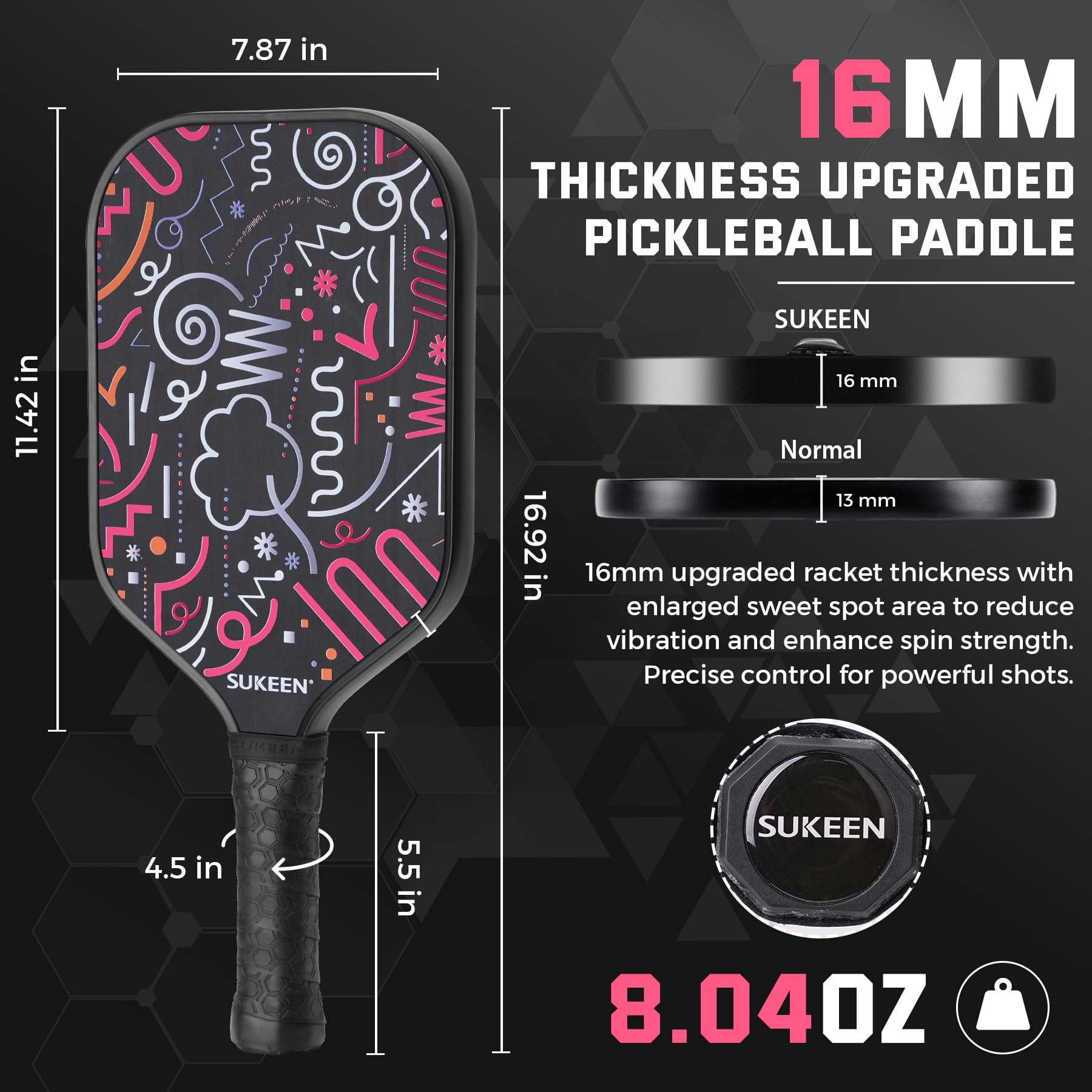 UNEHB Pickleball Paddel Mit 16 Mm Kern – T700 Carbonfaser, Für Spin & Kontrolle