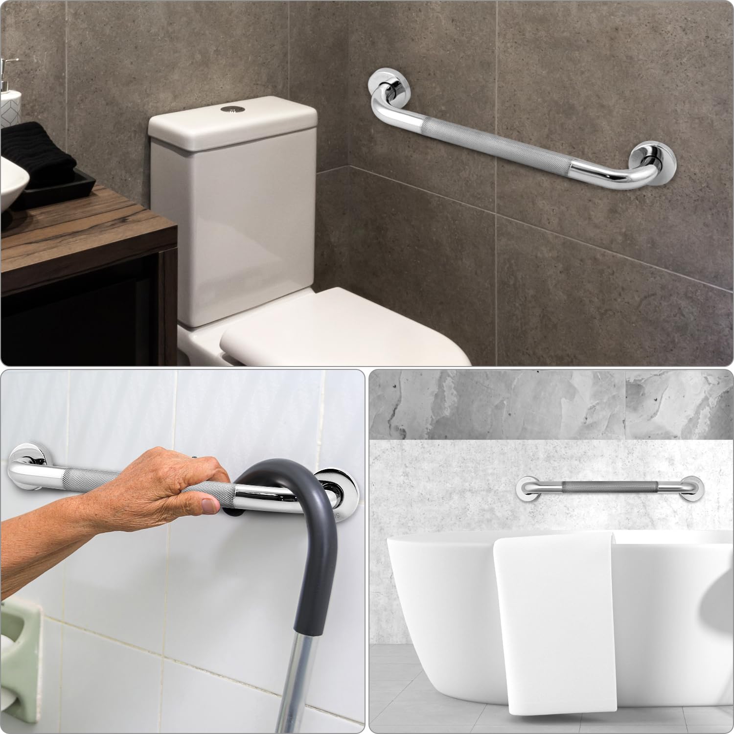 QWORK Barre di sostegno per doccia in acciaio inox 304, lunghezza 40,6 cm, confezione da 4, antiscivolo, zigrinate, per disabili, corrimano e doccia per sicurezza e supporto, per anziani, disabili