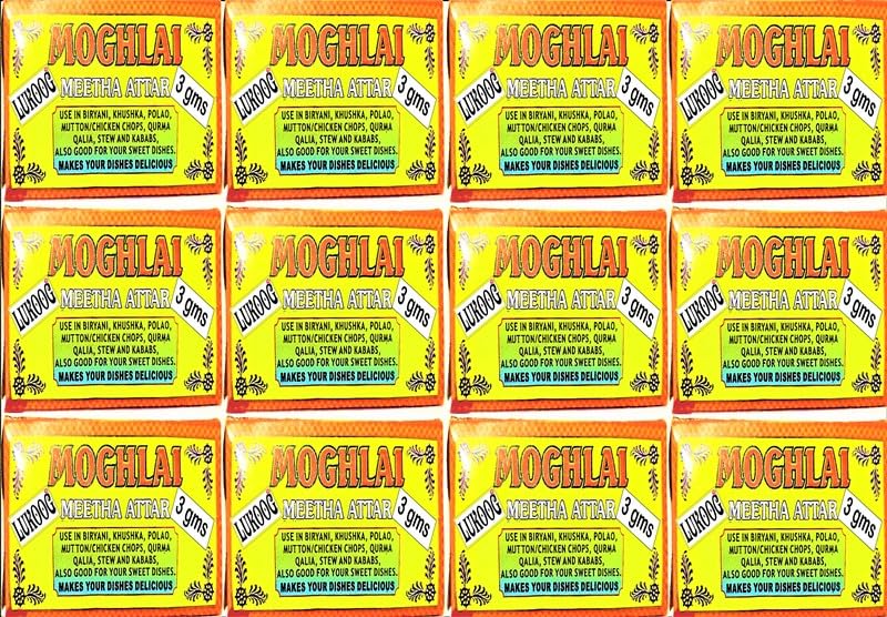 M3x12 Moghlai Meetha Attar 3gmx6=36gm, ( Pack of 12pcs ) Flavoured Essence for Biryani, Khushka, Polao,Mutton/Chicken Chops, Qurma,Yakhni, Stew & any type of Sweets ,used in especially Biryani Polao Mutton Chicken Chops Qurma Khushka Stew Kababs milkshakes others Desserts It is Meetha Attar Its most popular