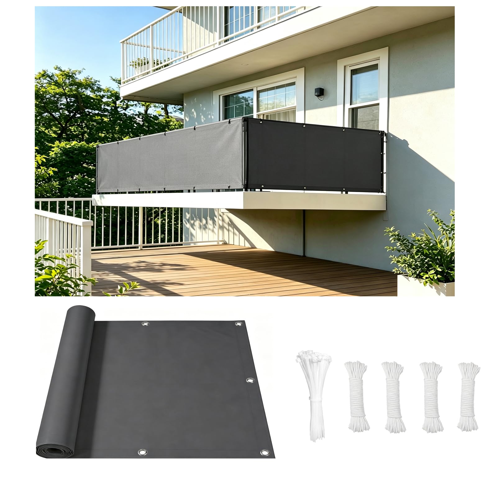 Balkon Sichtschutz 125x650cm Balkonbespannung Blickdicht, Wetterfest und UV-Schutz Balkonverkleidung Balkonbespannung ohne Bohren für Zaun Garten Swimming Pool mit Kabelbinder, Anthrazit