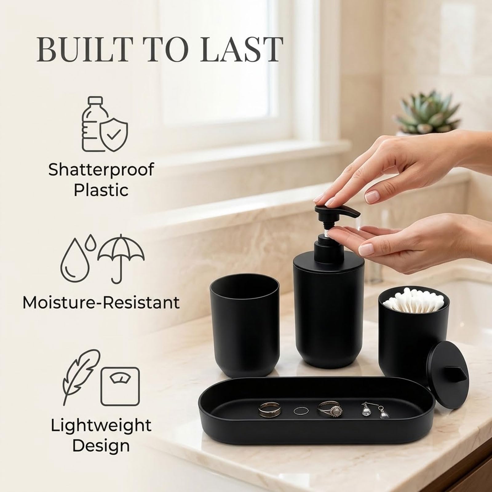 4-teiliges Badezimmer-Set Matt Schwarz – Ensemble d'accessoires de salle de bain modernes avec distributeur de savon, gobelet, récipient de stockage et plateau – Organisateur en plastique pour