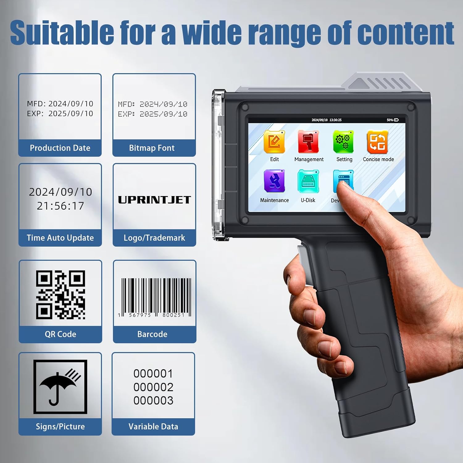 Handheld Inkjet Printer BT-HH6205B, 0.5 Inches Print Height Inkjet Coder with 42ml Fast-Drying Ink Date Printer Support Variable Text/Number/QRcode, Batch Code Printer Support Extra Font