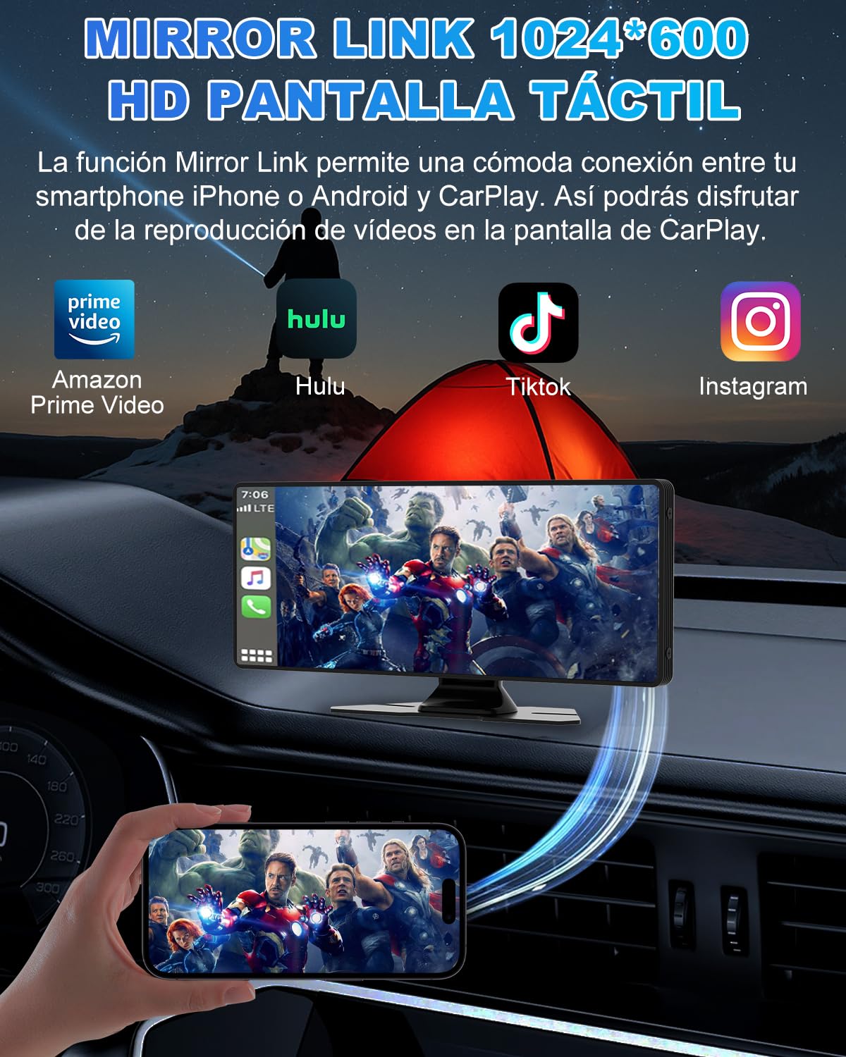 Pantalla Coche, 10.26" Pantalla Carplay Coche para Apple y Android con Cámara Trasera y Delantera HD 1080P, Navegación GPS, Sonido Premium, Control por Voz, Encendedor de Coche de Doble Puerto, AUX