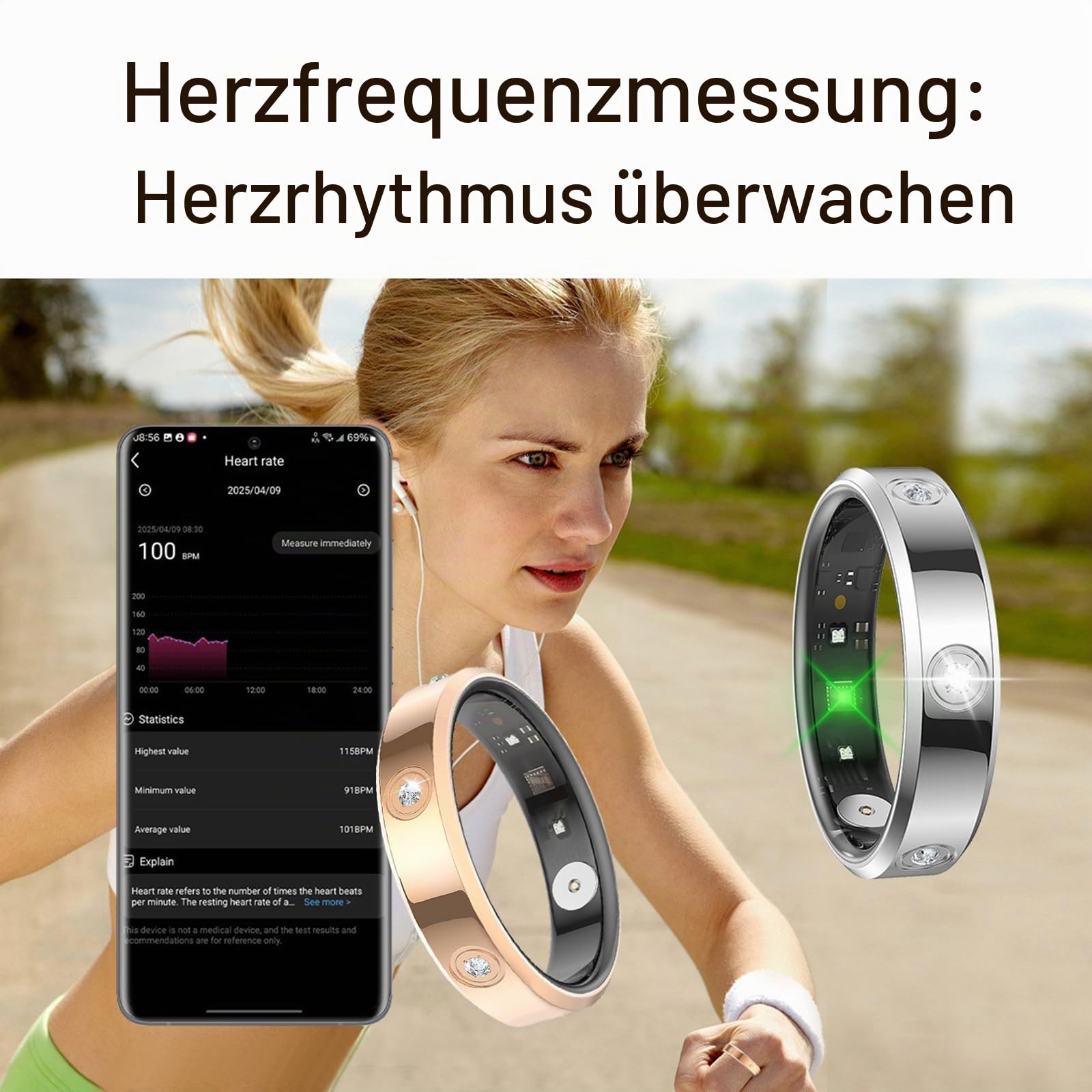 Smart Ring Damen Herren Rosegold Silber Fitnessring für Damen Schmal Menstruation Herzfrequenz Schrittzähler Schlafmonitor Schmuck Ring Smart Fitness Ring Kalorien Aktivitätstracker Android iOS
