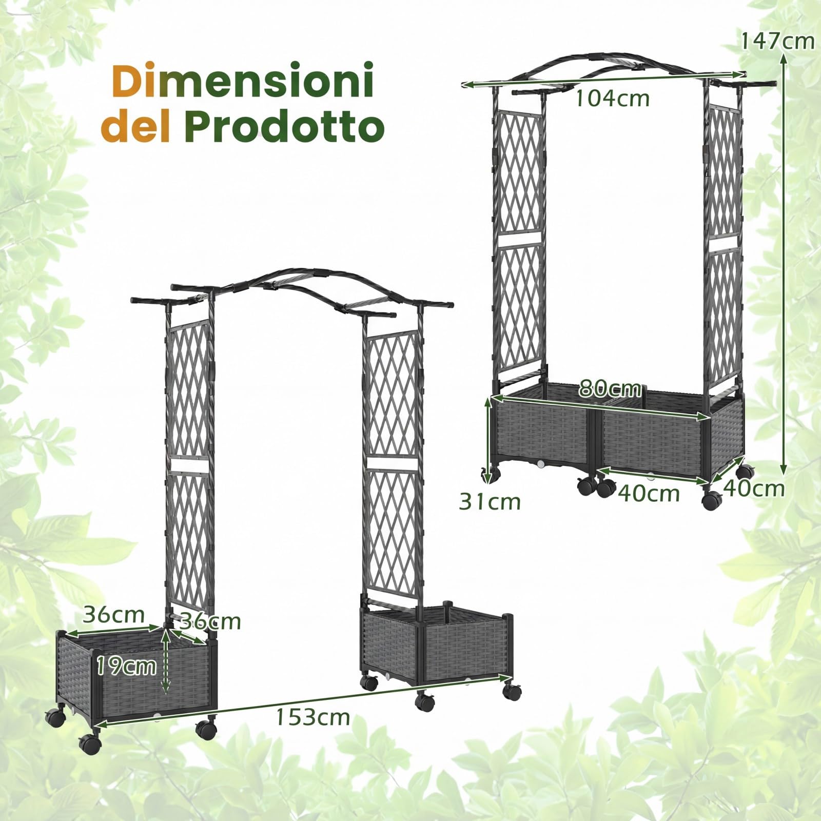 COSTWAY Fioriera Rialzata con Graticcio e Tetto, Irrigazione Automatica e Ruote Bloccatili, Letto da Giardino Rialzato in Rattan Impermeabile per Piante Rampicanti, Fiori ed Erbe (Grigio)