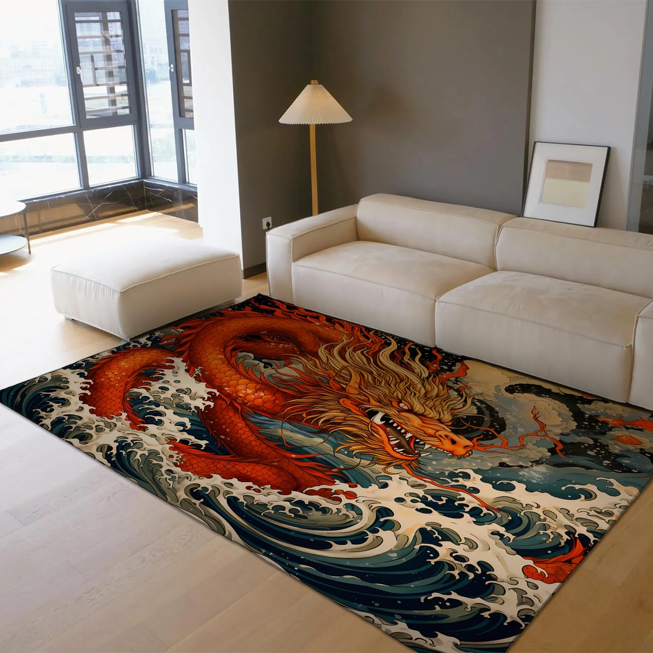 Tapis Zone Dragon Fantasy Tapis œuvres Vagues océan antidérapant Lavable Salon Chambre Salle Manger Cuisine Couloir Bureau Style Japonais Moderne Animaux Magiques 120x150cm