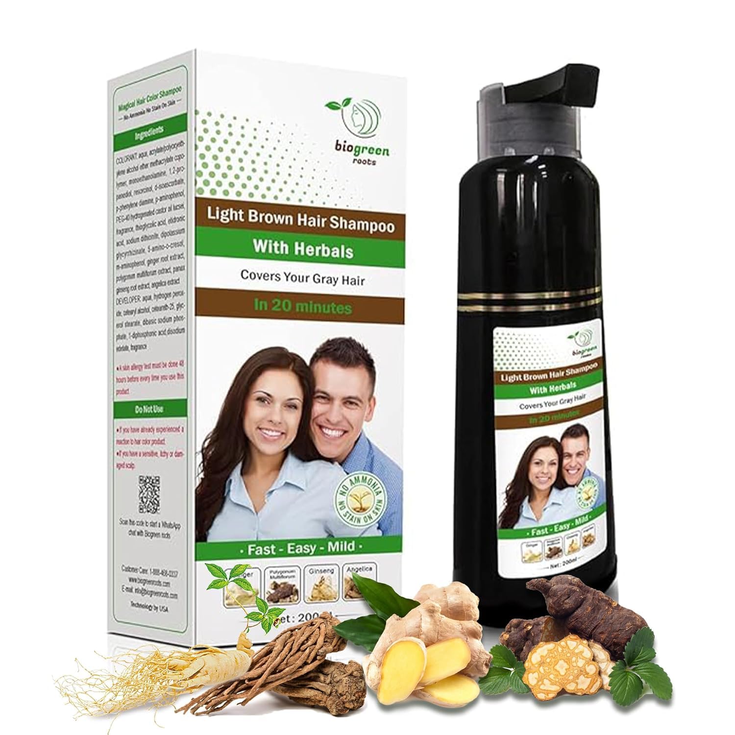 Ammonia-Free & Paraben Free Herbal Hair Shampoo - Hair Dye Shampoo for Women & Men - Natural Color and Herbal Nourishment - No Stain on Skin - Light Brown (2 bottles x 200 ml)