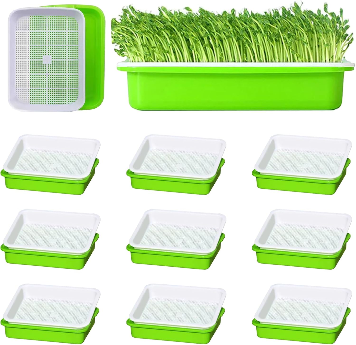 10 Pack Seed Sprouter Tray, Sprouter Microgreens Growing Kit BPA Free Nursery Tray Big Capacity Sprouts Growing Kit for Indoors or Outdoors Sprouting Seeds, Cat Grass, Beans, Wheatgrass