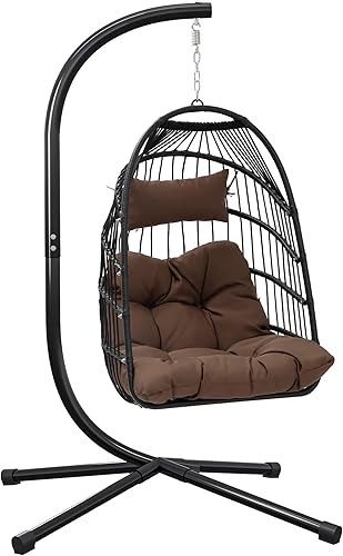Miniatura 9 de YITAHOME Silla colgante de huevo para exteriores hamaca de mimbre para interiores con soporte de acero cojín resistente a los rayos UV 350 libras