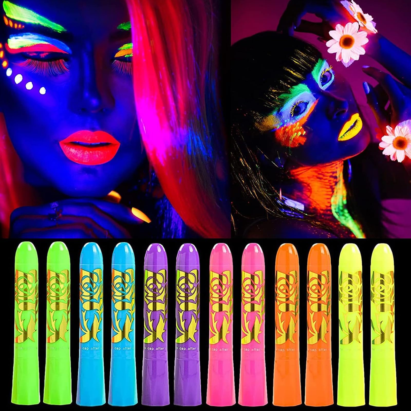 20 Pcs Glow in The Dark Face Body Paint Crayons UV Lighting Highlighter Water Based Washable Paint Crayons Kit, Suitable for Halloween & Christmas Safe & Non-toxic for Children 1