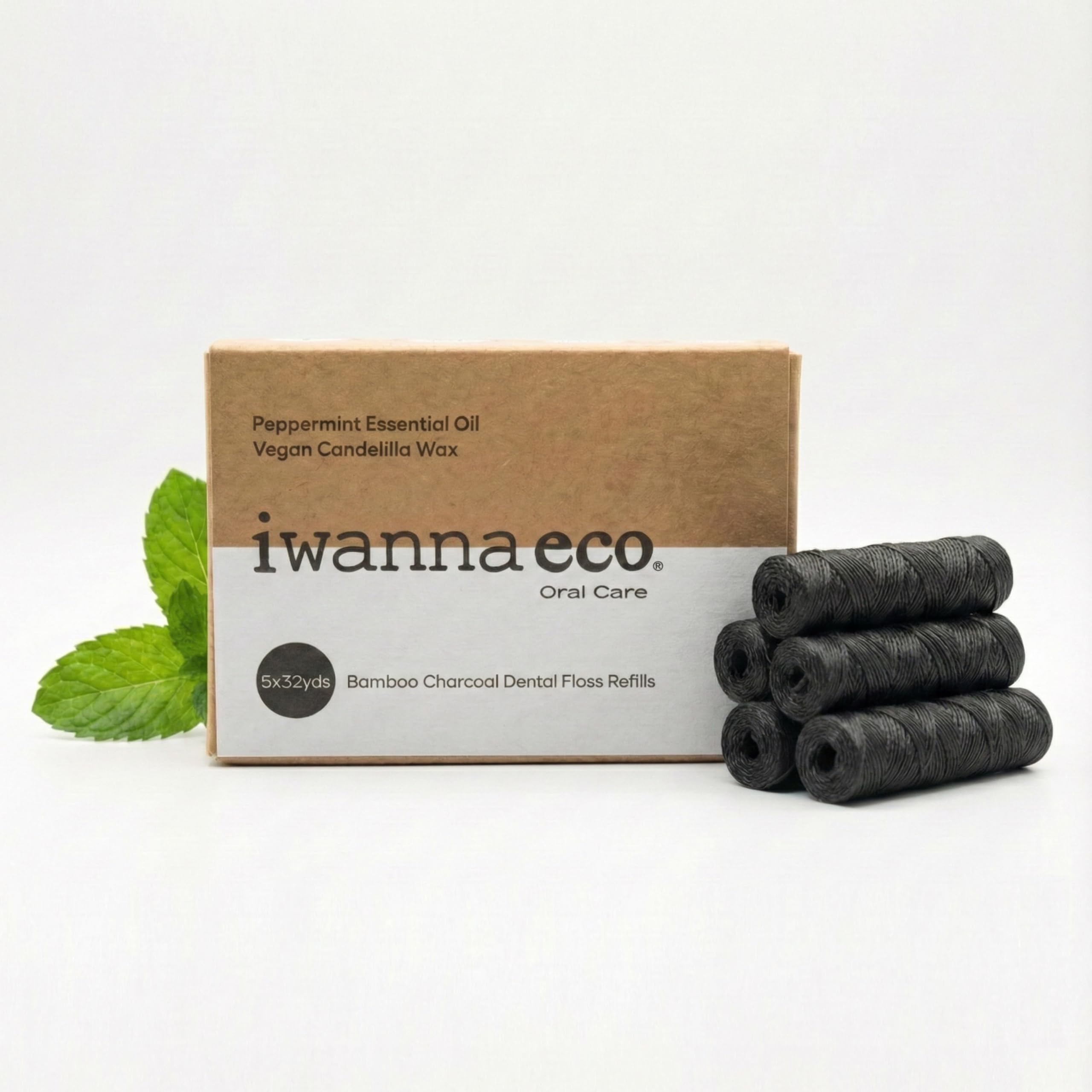 Natural Bamboo Charcoal Dental Floss Refills Vegan Eco-Friendly Biodegradable Candelilla Wax PFAS Plastic Free Non-Toxic Peppermint Essential Oil
