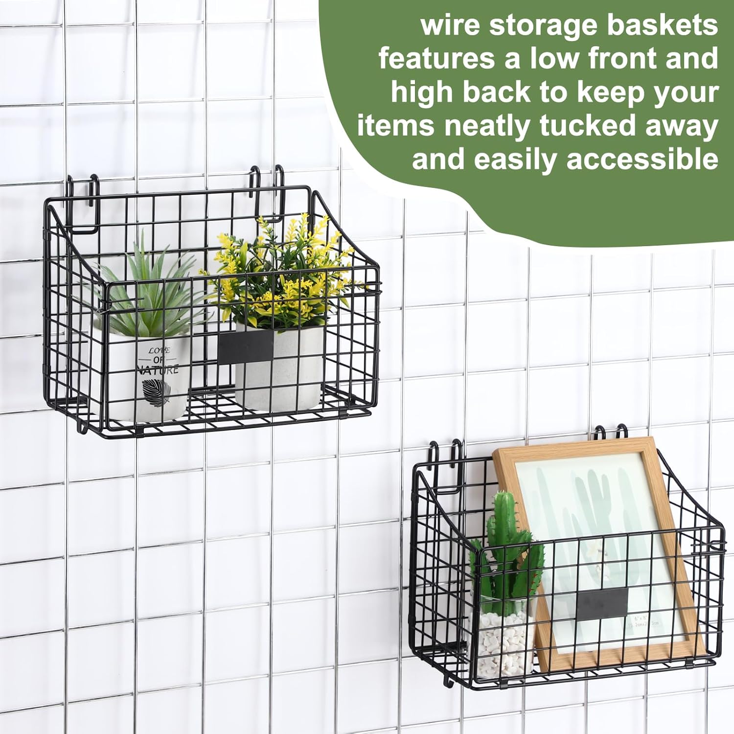 Blulu 4 Pcs Wire Wall Basket, Black Metal Grid Basket with Hooks Wall Hanging Storage Accessory for Vendor Trade Shows Kitchen Bathroom Pantry Supplies(11 x 8 x 6 Inch) - Image 3
