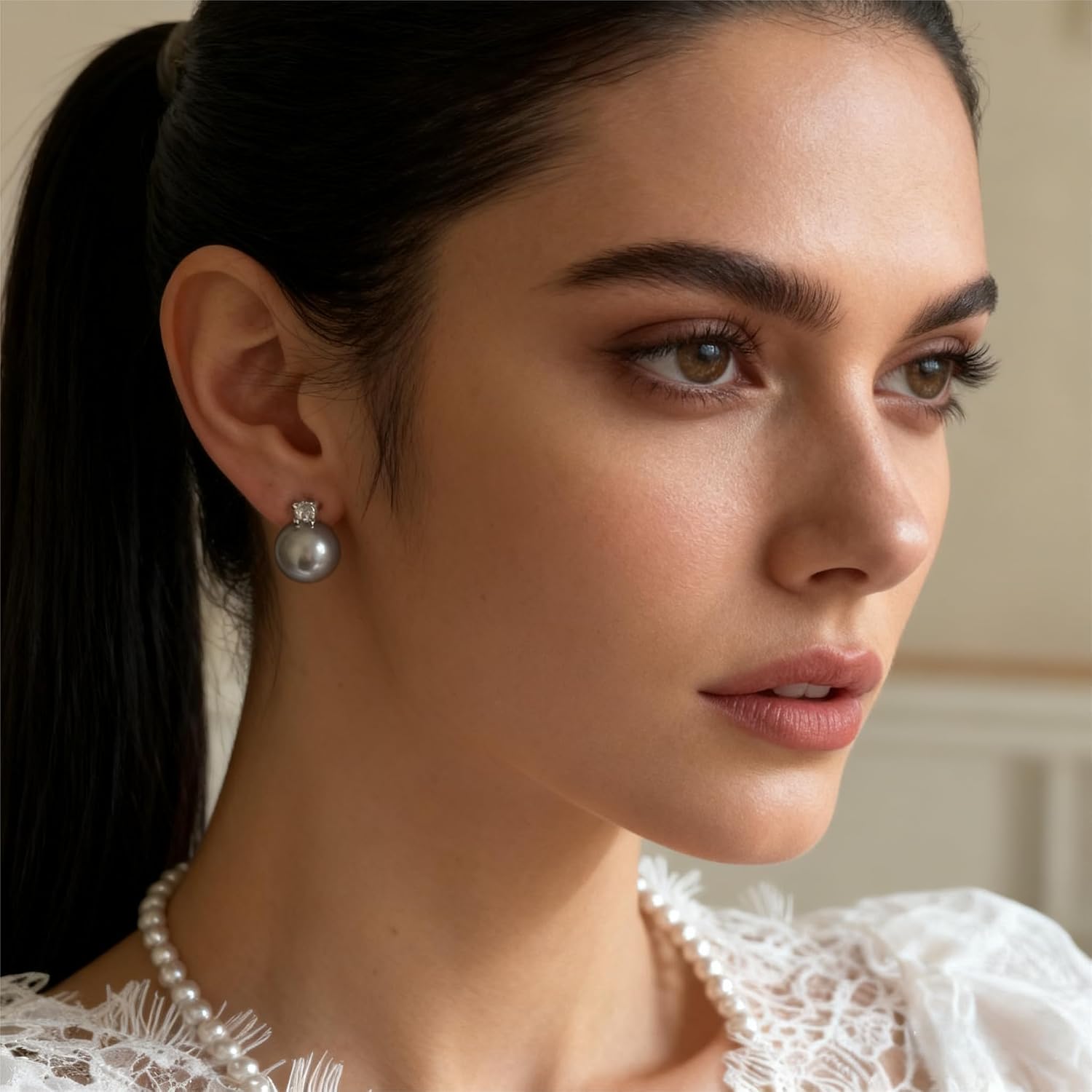 Faux Pearl Cubic Zirconia Stud Earrings, Hypoallergenic Lightweight Round Pearl Studs for Women
