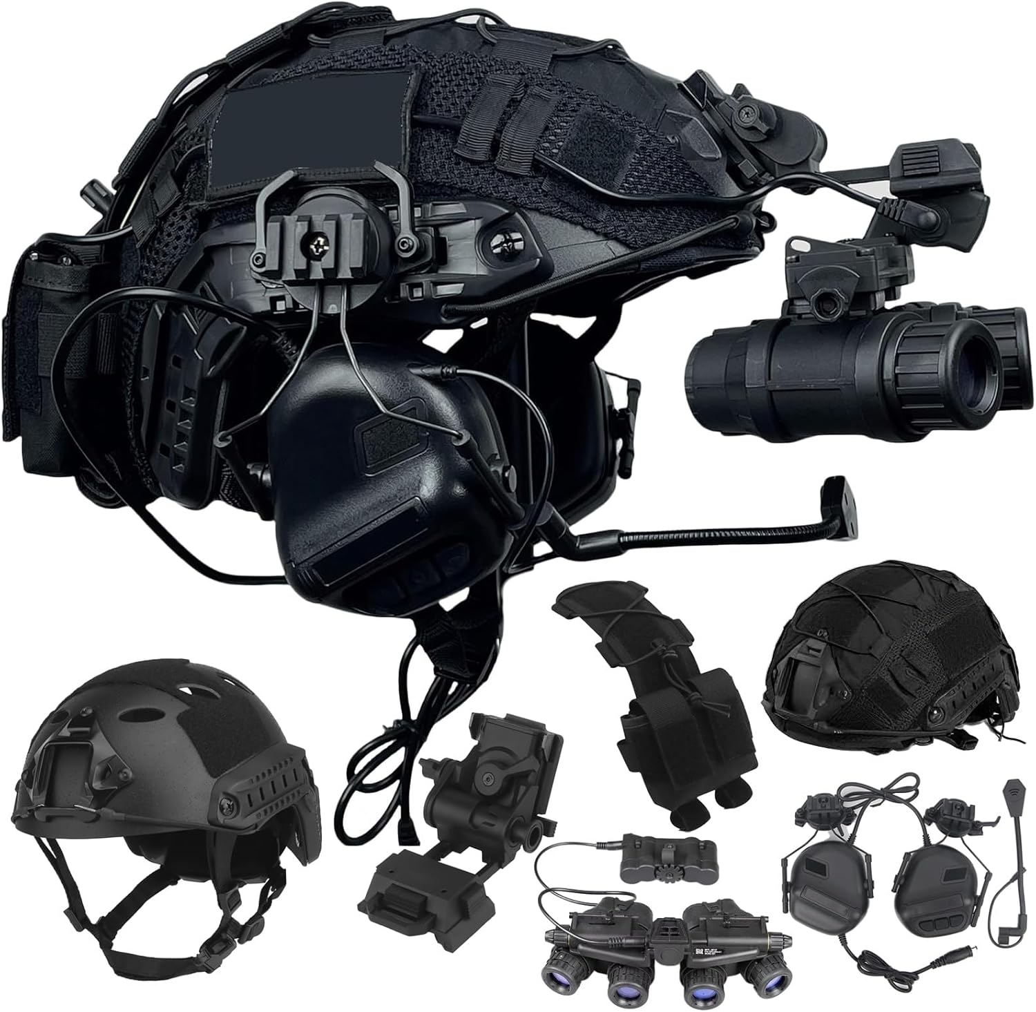 Tactical Fast Airsoft Helmet Set with Night Vision Model & Communication Headset, Helmet Cover, Battery Bag for Role Playing Paintball Shooting