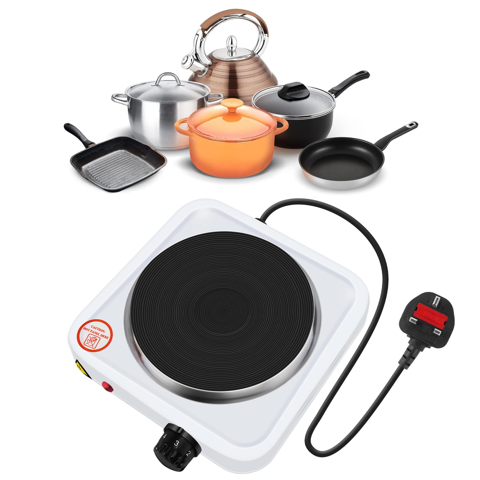 Single Hot Plate Portable Tabletop Hob,1000W Household Mini Portable Electric Stove, Heating Plate for Coffee Tea, Adjustable 5 Thermostats, Non-Slip Feet, White