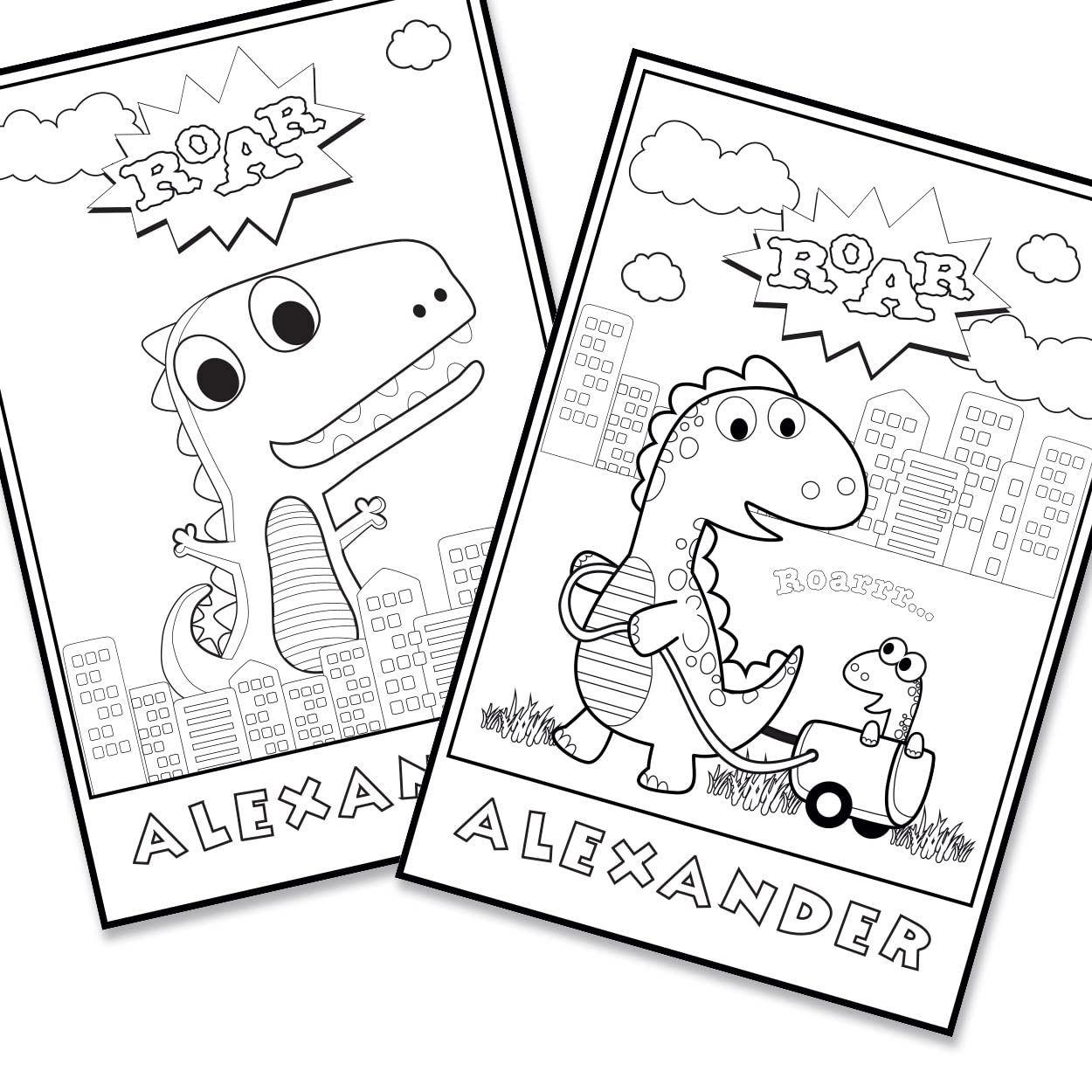 Paper Themes Personalised Colouring Posters, Posters to colouring in for Children, Doodle Colouring (Dino in City)