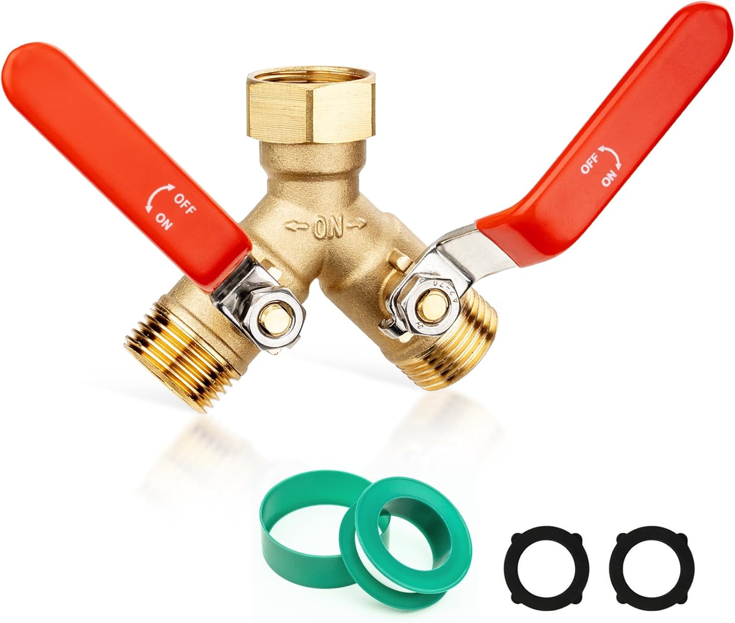 SheeChung RV Hose Splitter 2 Way Heavy Duty, Garden Hose Splitter with Stainless Steel Long Handle, Brass Outdoor Faucet Y Valve Splitter, Full Flow Splitter for 3/4" GHT Threads Hose Connector, Red