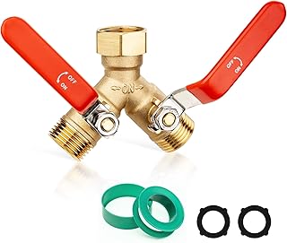 SheeChung RV Hose Splitter 2 Way Heavy Duty, Garden Hose Y Splitter With Stainless Steel Long Handle, Brass Outdoor Y Valve Splitter, Full Flow Splitter For 3/4" GHT Threads, Red