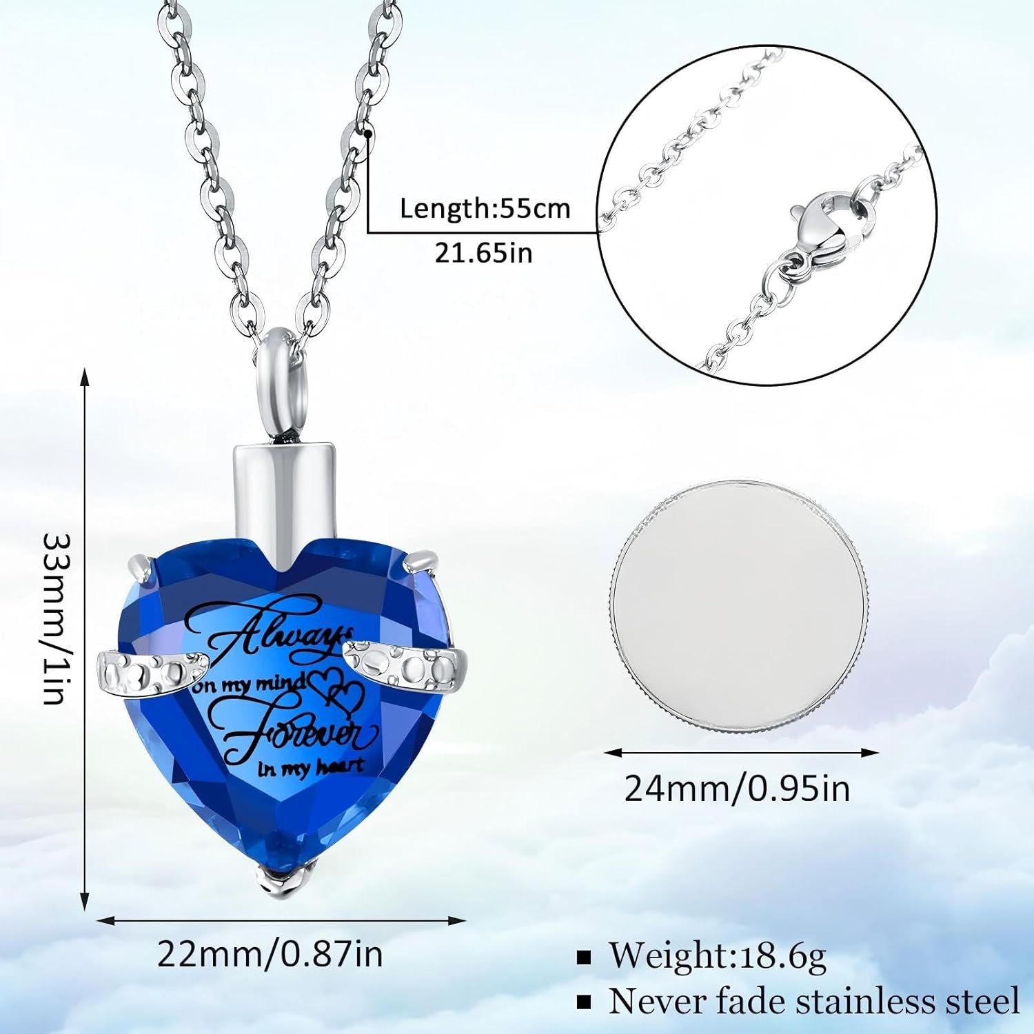 Jadive 3 Pcs Urn Necklace Cremation Heart Ashes Jewelry for Women Ocean Crystal Necklace Summer Waterproof Memorial Pendant Stainless Steel Keepsake with Angel Wing 12 Birthstones Filling Kit - Image 2