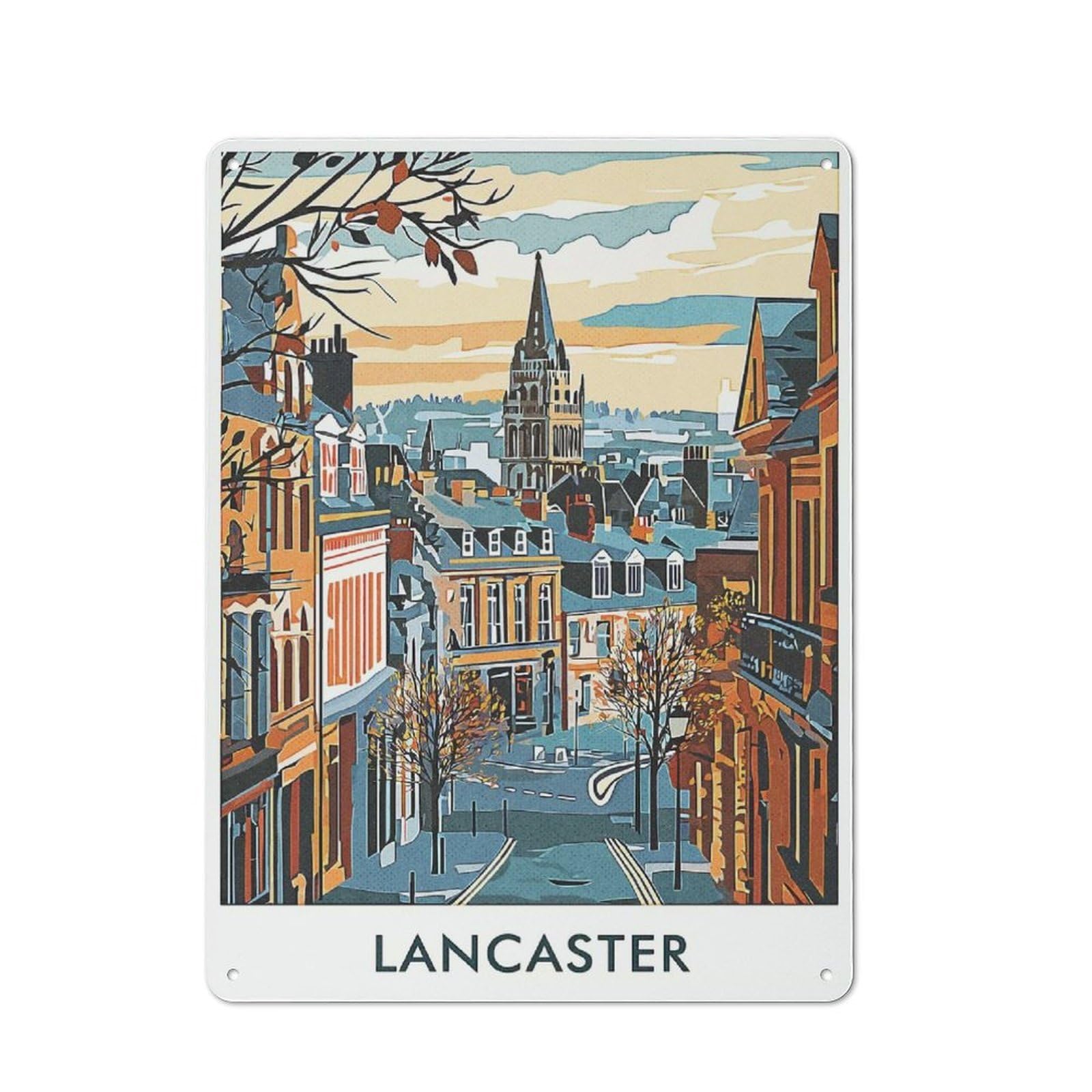 Lancaster Cityscape Retro Metal Wall Decor 40x30cm, Vintage Metal Sign for Cafe, Pub, Workshop Or Home Bar