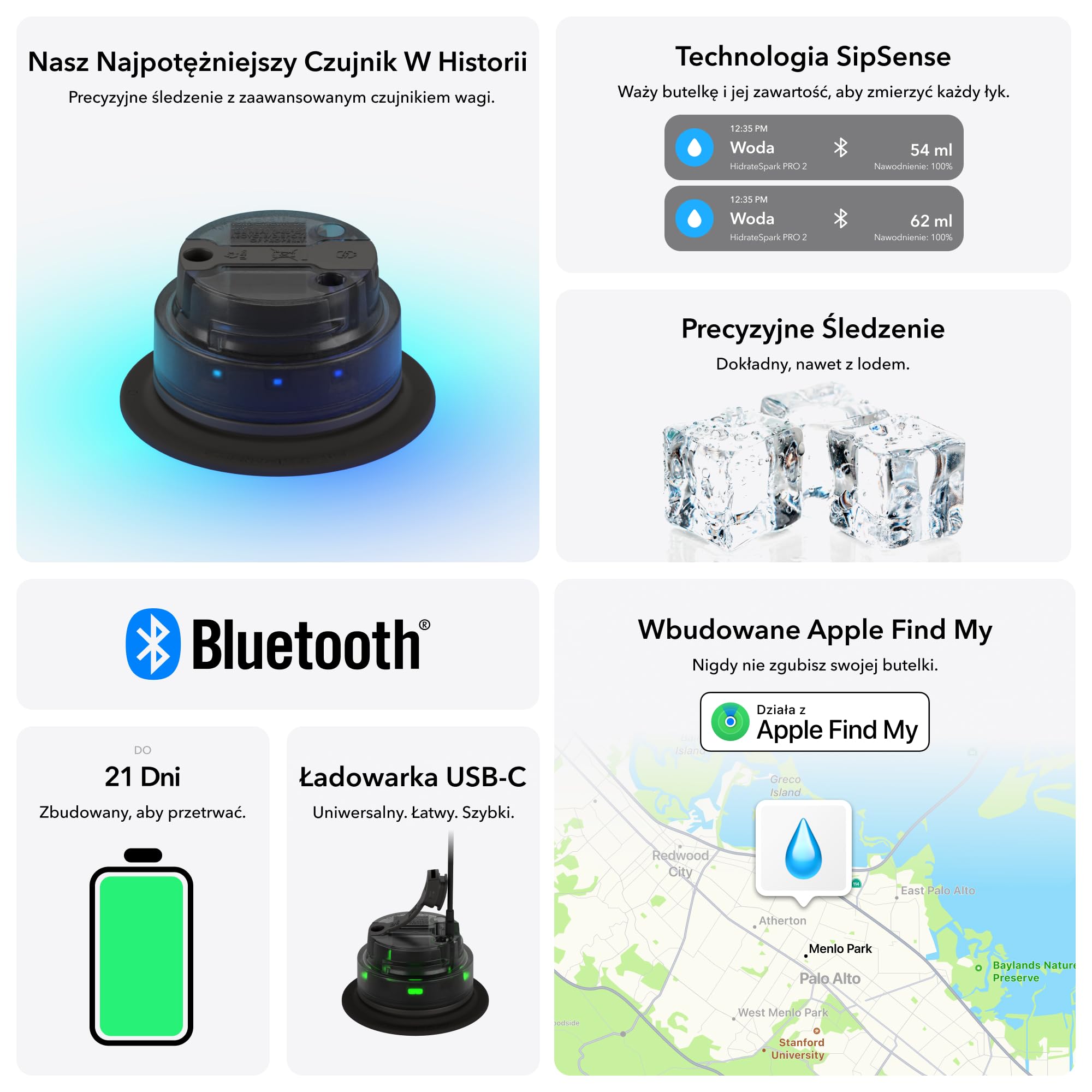 HidrateSpark PRO 2 Butelka Inteligentna – 621 ml Stal Nierdzewna Izolowana, Monitoruje Nawodnienie, LED & Dźwięk Przypomnienia, Bluetooth App, Korek ze Słomką, BPA-Free, Czarna (z Apple Find My)