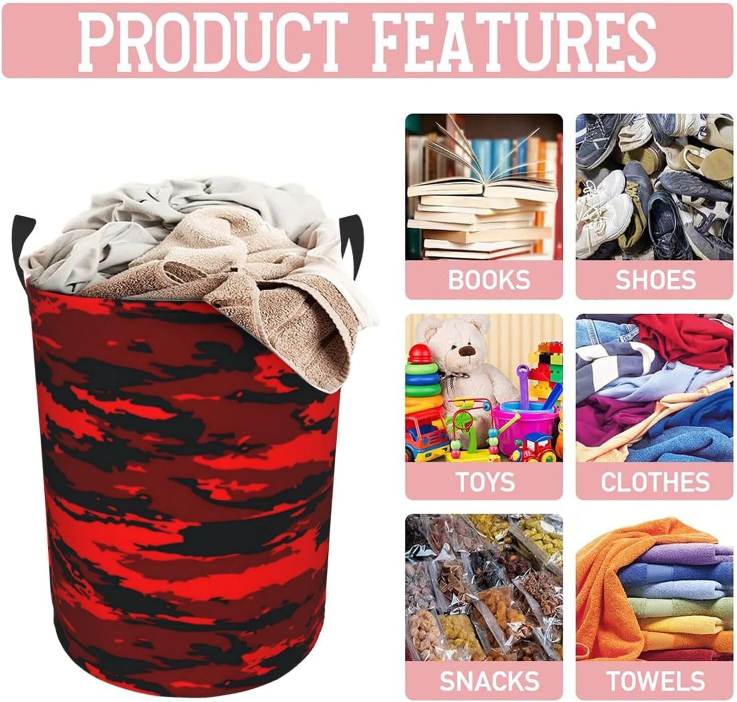 Black And Red Camouflage Round Laundry Hamper Military Camo Storage Basket Toys Clothes Organizer Bin For Home Bathroom Bedroom Dorm Nursery, 62l