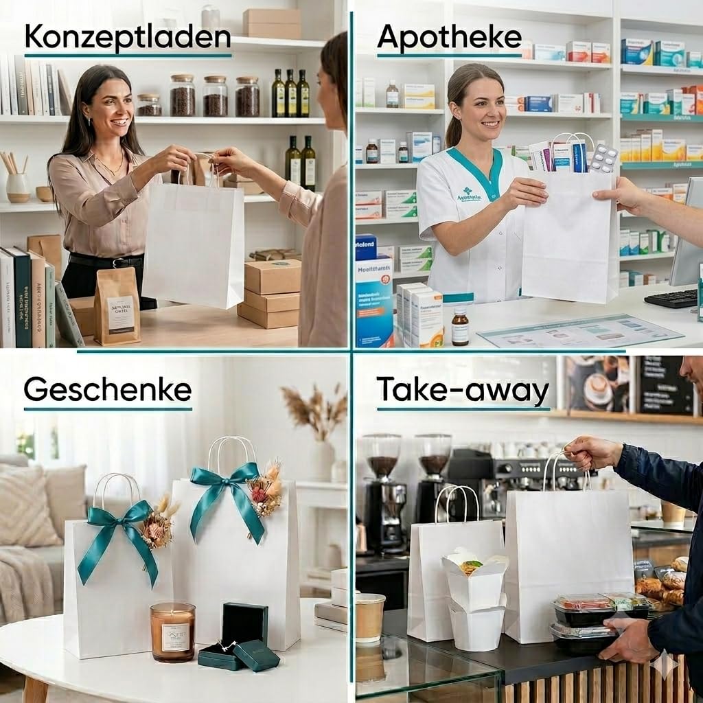 Commerline 100 Stück Weiß Papiertüten mit Henkel, 45+17x48 cm Kraftpapier Tüten mit Kordelgriff, Papiertragetaschen für Einkaufen und Verpackung, Geschenktüten Kindergeburtstag, Partys, DIY
