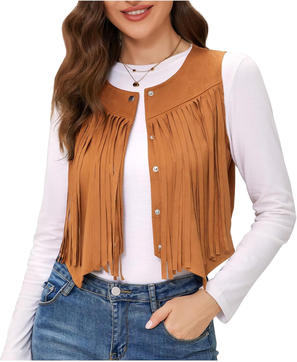 JASGOOD Tassel Vest Women 70s Suede Hippie Faux Sleeveless Fringe Jacket Western Tassel 60S Outfit