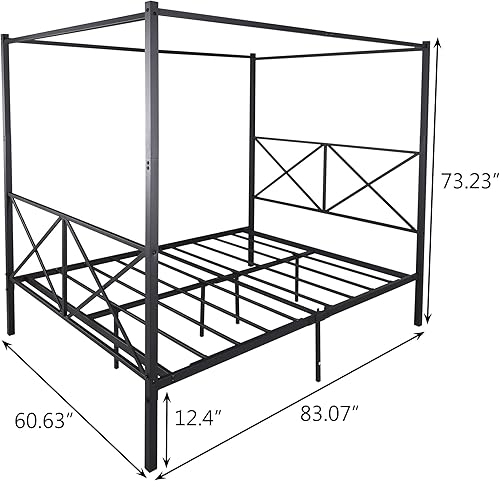 Miniatura 2 de Marco de cama con dosel de metal, 4 pósteres de metal, plataforma de 14 pulgadas con cabecera incorporada, soporte de colchón de listones de metal