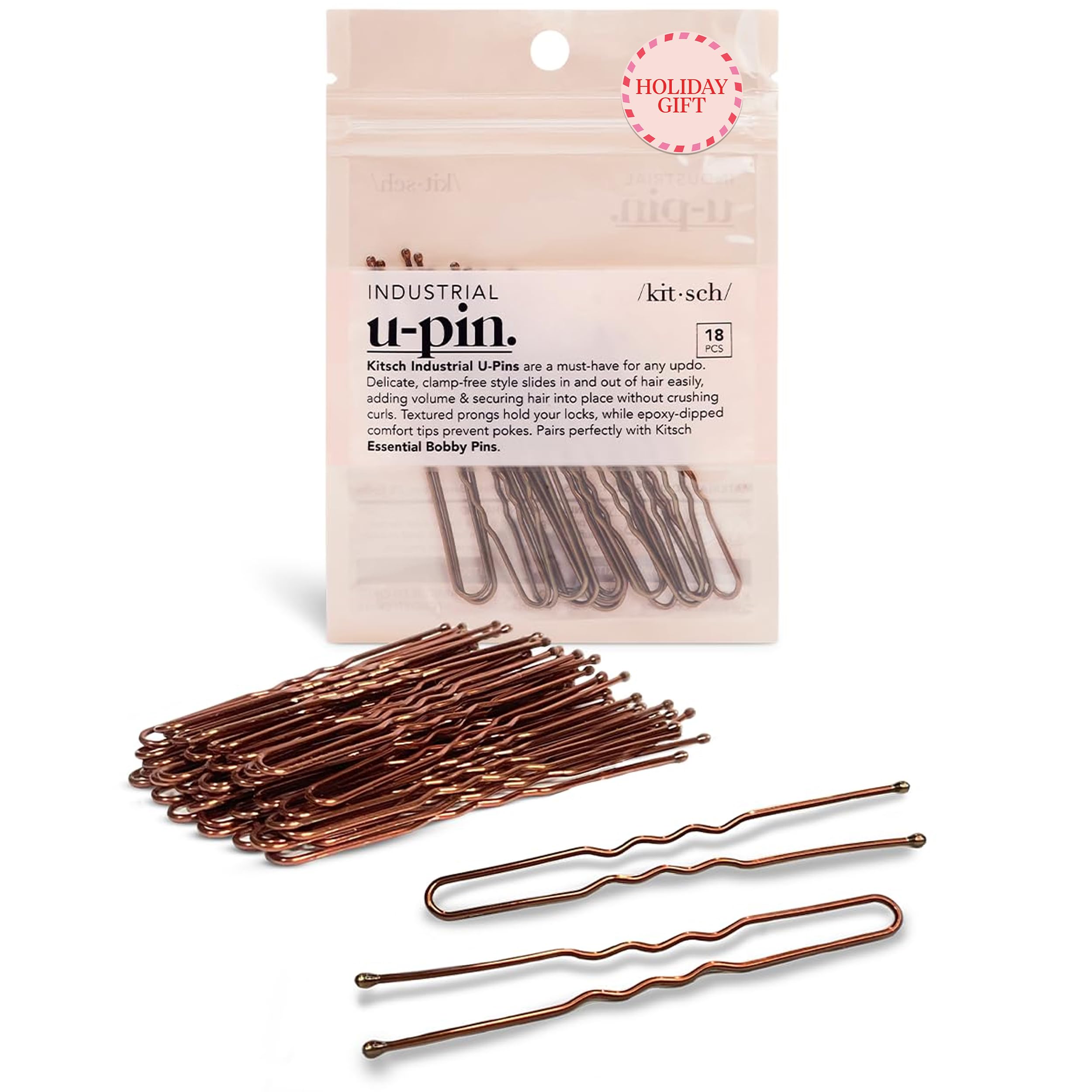 Kitsch 18 Count U Shape Bobby Pins - French Hairpins for Girls and Women | Ideal for Hair Styling, Ballet Buns and Wig Pins | Updo Hair Accessories For All Hair Types - Brown (3 Inches and 2.5 Inches)