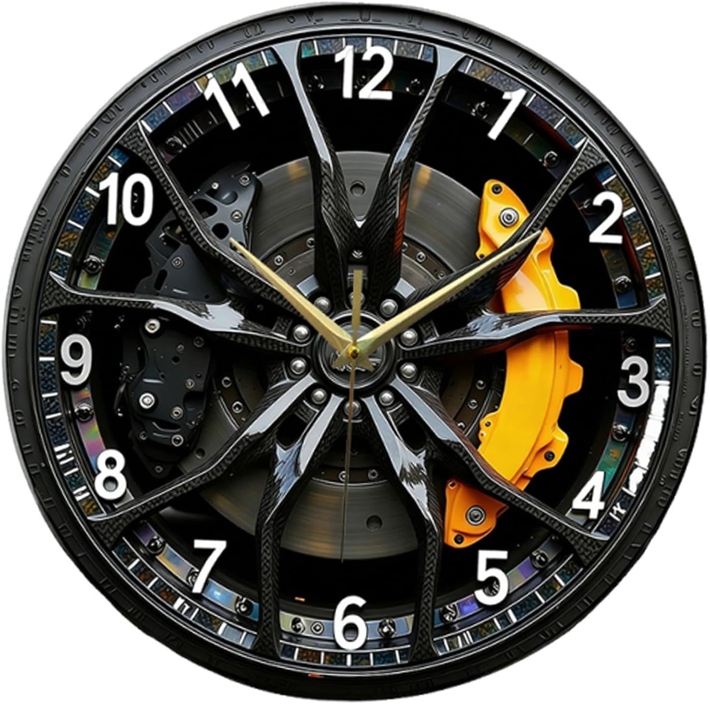 perfk 2D Car Wheel Hub Wall Clock Hanging Clock Large Arabic Numerals Gifts Silent Acrylic Ornament Wall Decoration for ’S Room