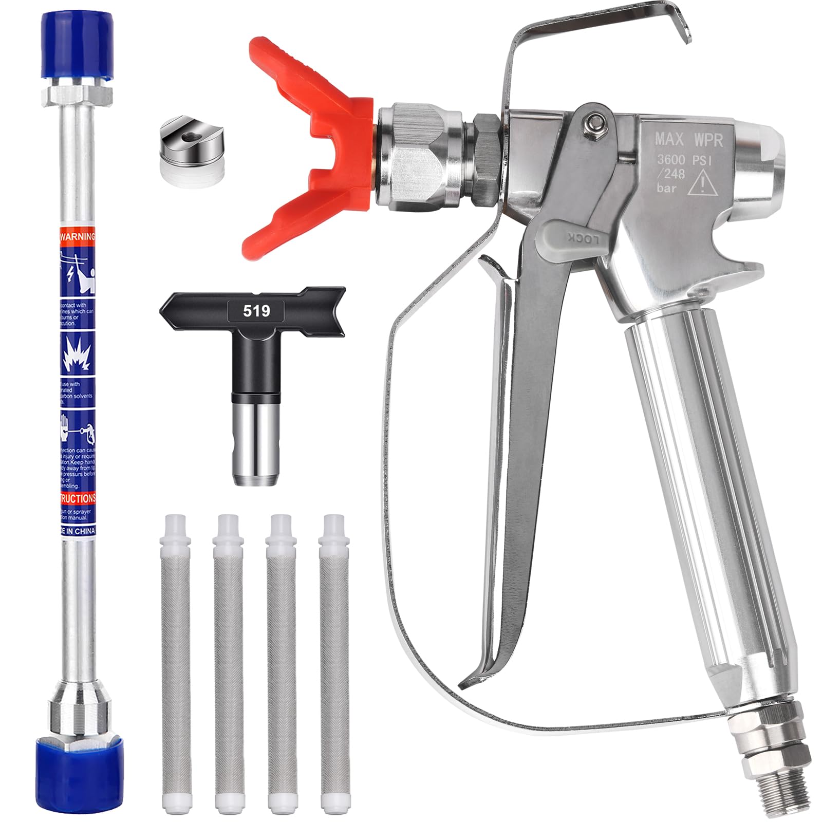 Photo 1 of JWGJW Airless Spray Gun 10 Inch Airless Extension Pole Spray Nozzle Tip 519 and 4 Pack Airless Spray Gun Filter for Graco Titan Paint Sprayers.(122909)
