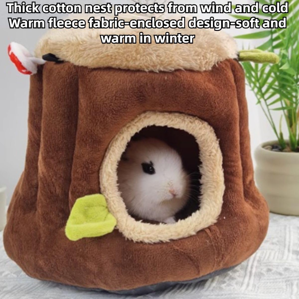 Guinea Pig Bed with Cushion, Warm Small Animal Pet Hideout House Cave Soft Tree Stump Shape Hanging Hammock, Cozy Chinchilla Hedgehog Habitat House Cage Accessories for Hamsters Rabbits Bunny (Large)