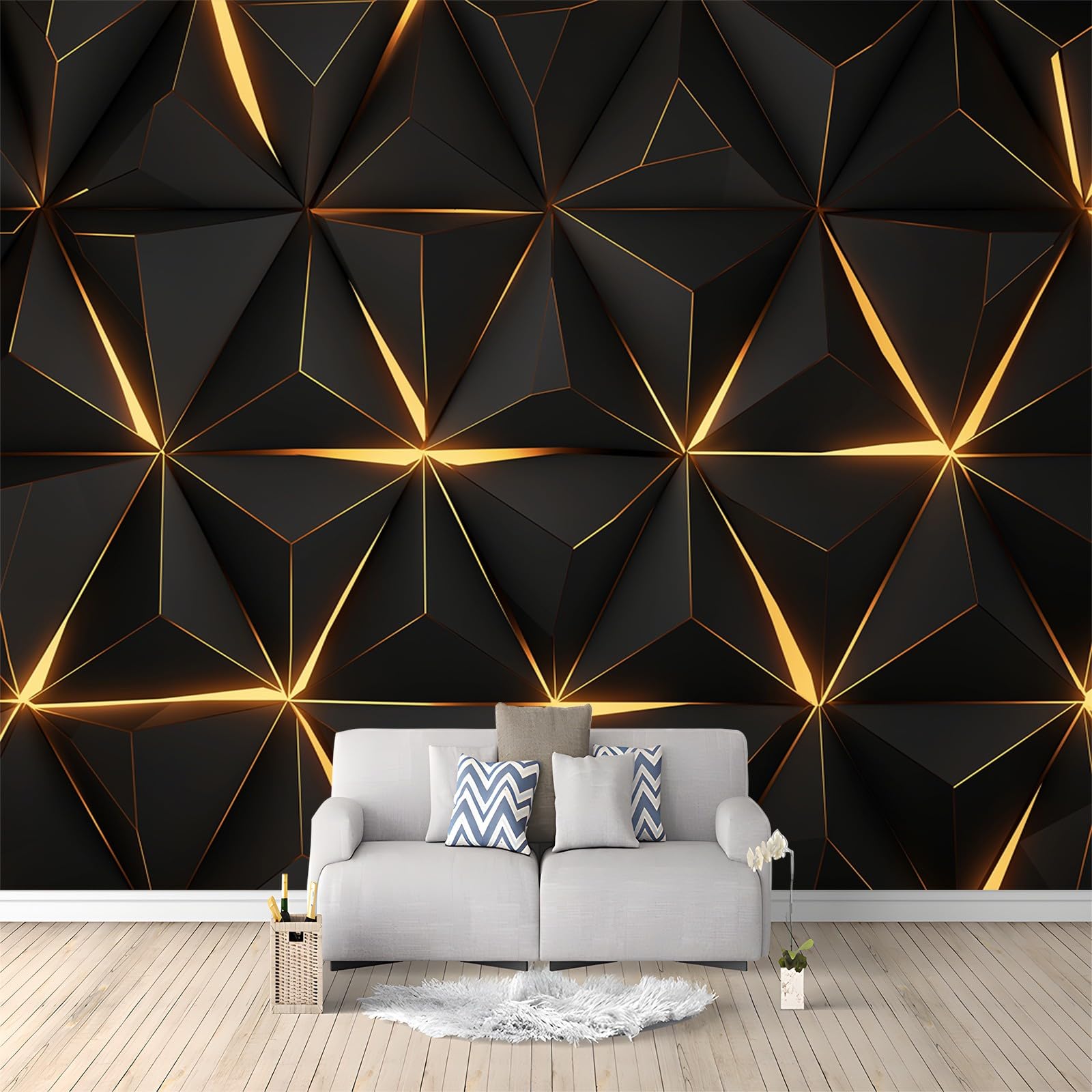 Générique Papier Peint Panoramique Géométrie Noire Dorée Triangle 400x280 cm Papier Peint Intissé Mural, Poster Geant Mural Impression 3D, pour Salon Chambre d'enfants restaurant Décoration Murale