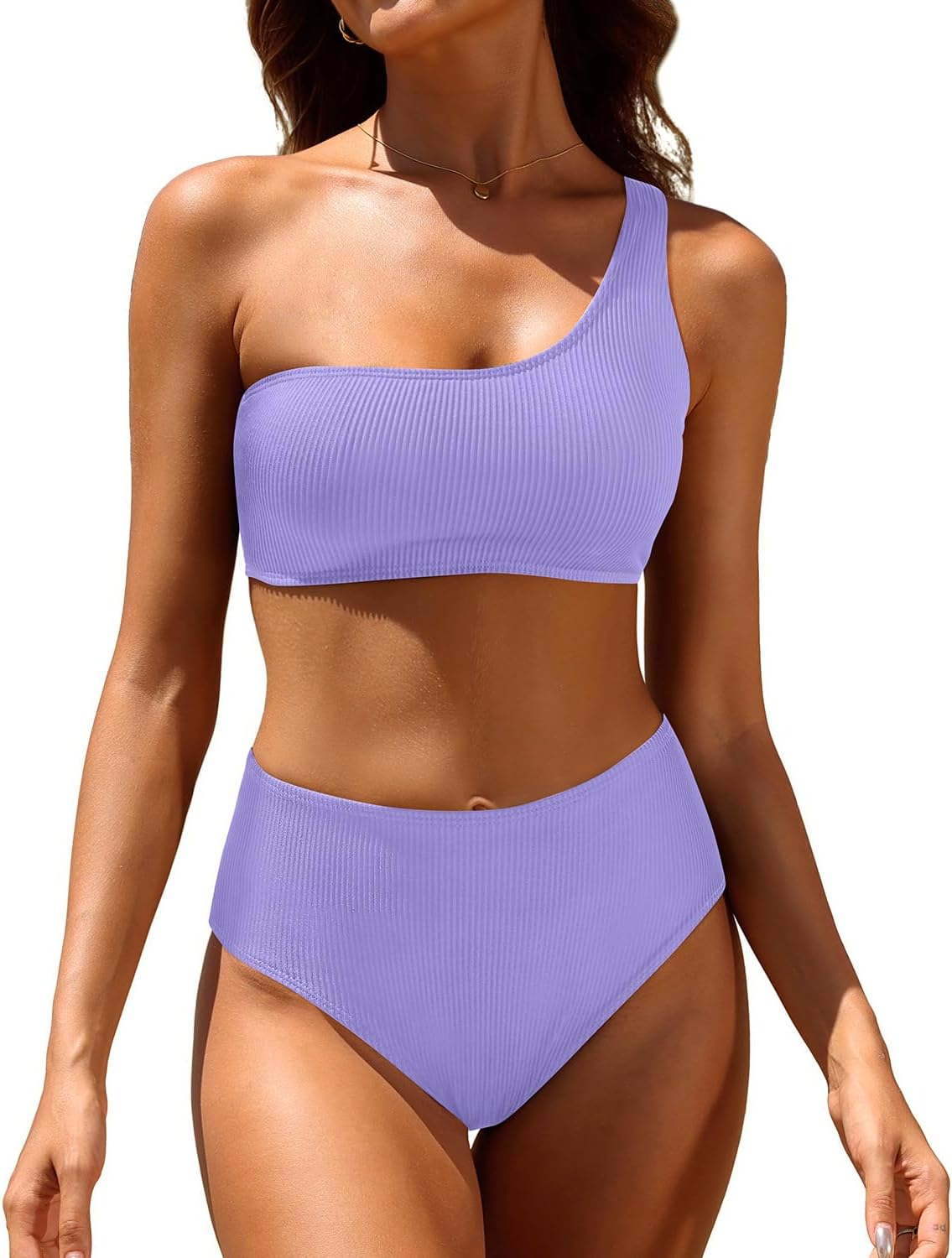 Tempt Me Women Two Piece Swimsuits Ribbed One Shoulder Bikini Sets Mid Waist Bathing Suit