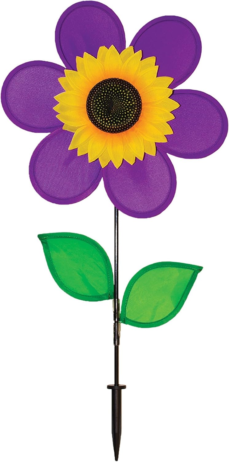 In the Breeze 2743 — 19-inch Teal Sunflower Wind Spinner with Leaves — Colorful Flower for Yard and Garden
