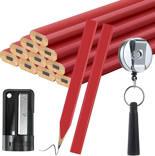 14 lápices de carpintero, 7 pulgadas, octogonal plano, negro, para carpintería, resistente, con sacapuntas y soporte retráctil para carpintería de