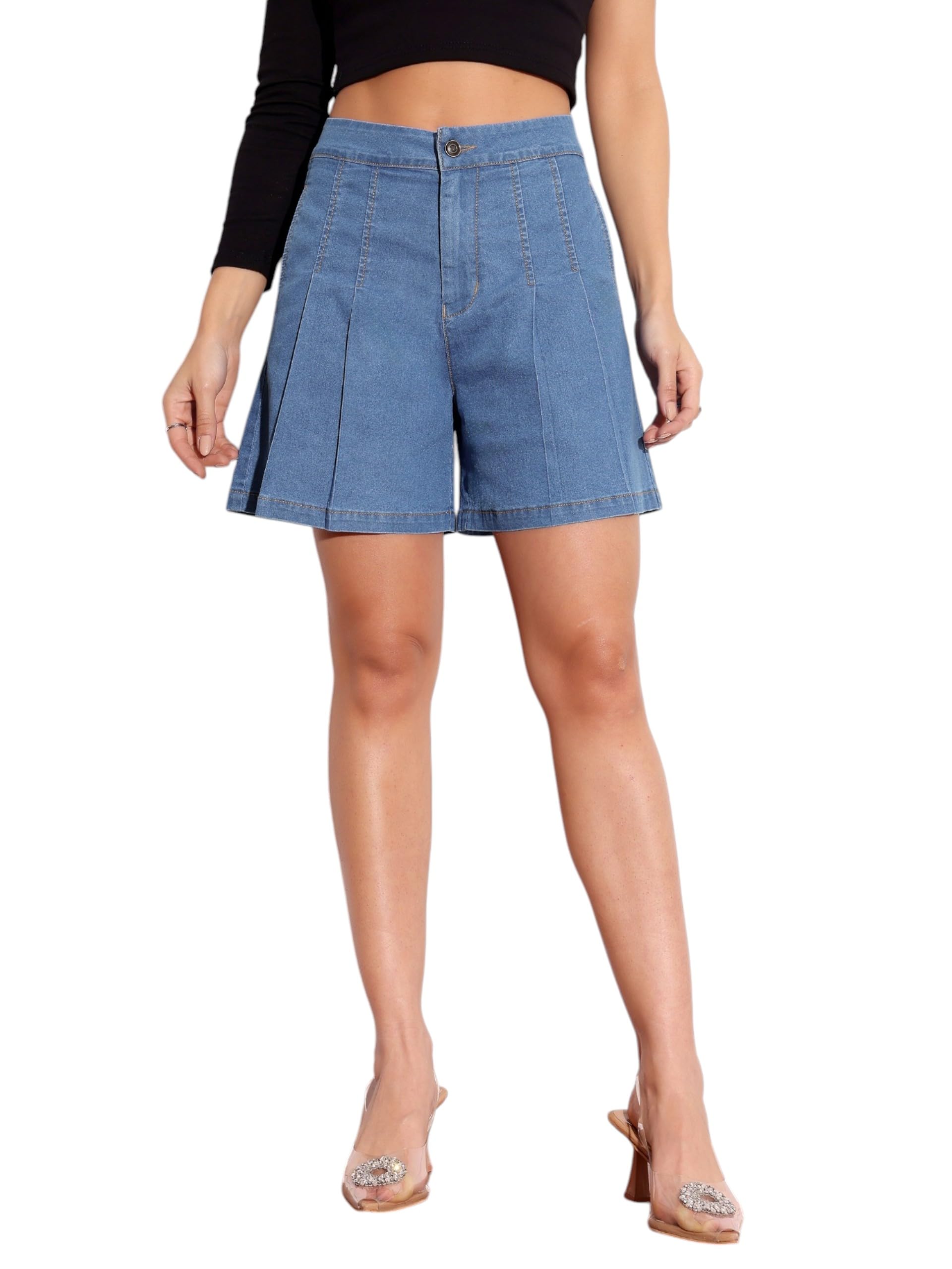 miss chase Women's Flared High Rise Regular Length Stretchable Special Light Weight Denim Shorts-picture-44