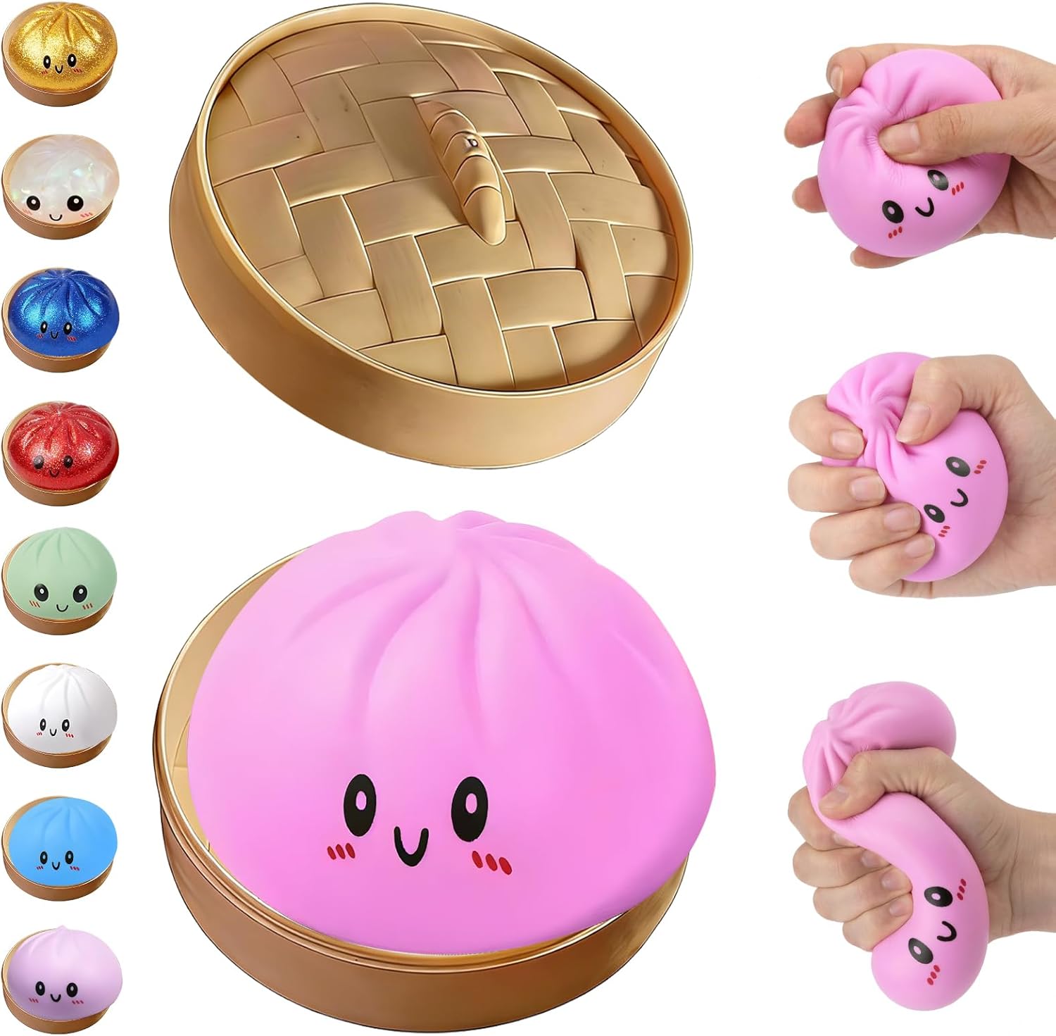 Glitter Dumpling Squishy,Dumpling Squishies,Glitter Dumpling Mystery Box,Colorful Dumpling Stress Balls Fidget,Jumbo Squishy Toy with Steamer Box,Soft Squeeze Decompression Dough (Glitter Blue)