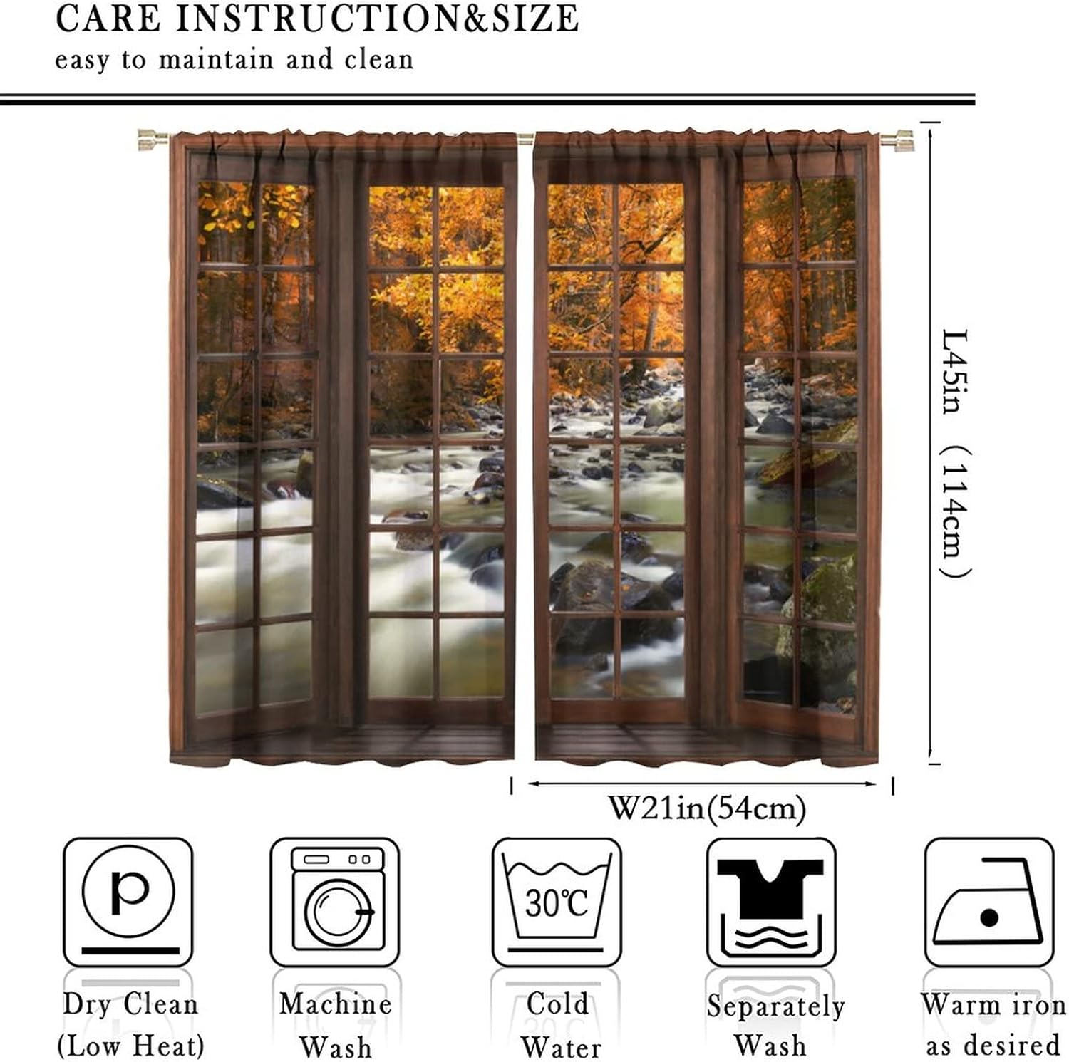 Landscape Curtains,Nature 3D Scenery View Window Treatments for Living Room,Autumn Fall Leaf Waterfall Forest Tree Nature Scape Curtain 2 Panels,42x45 Inch